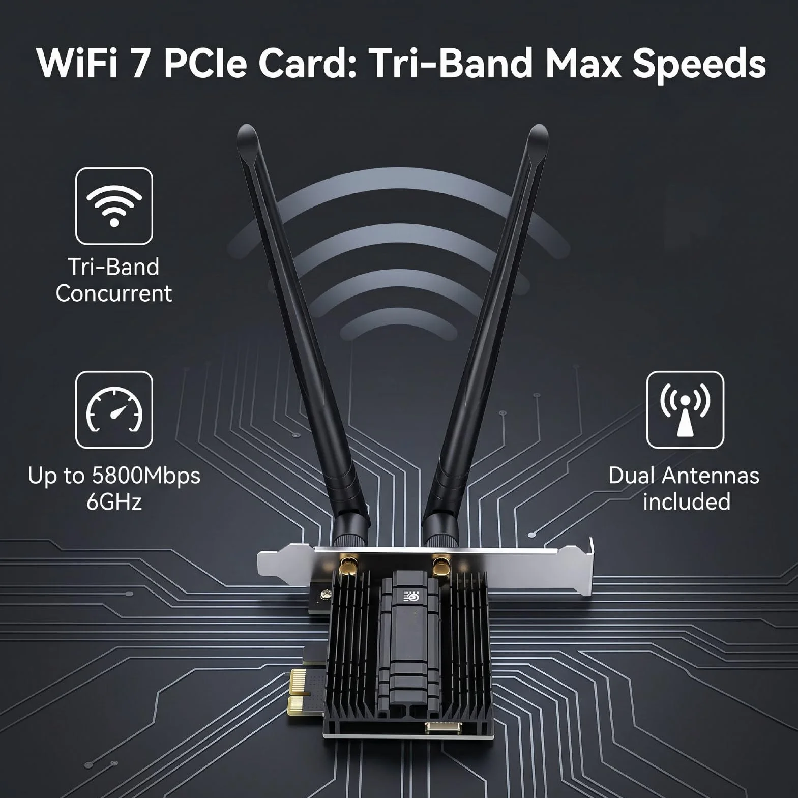 Bewinner Karta WiFi 7 PCIe, Trójzakresowy BE200 NGW 8774Mbps, Bluetooth 5.4 | Trójzakresowy 8774 Mb/s, 6 GHz 5 GHz 2,4 GHz, Bluetooth 5.4, dwie anteny, adapter PCIe do komputerów stacjonarnych, system