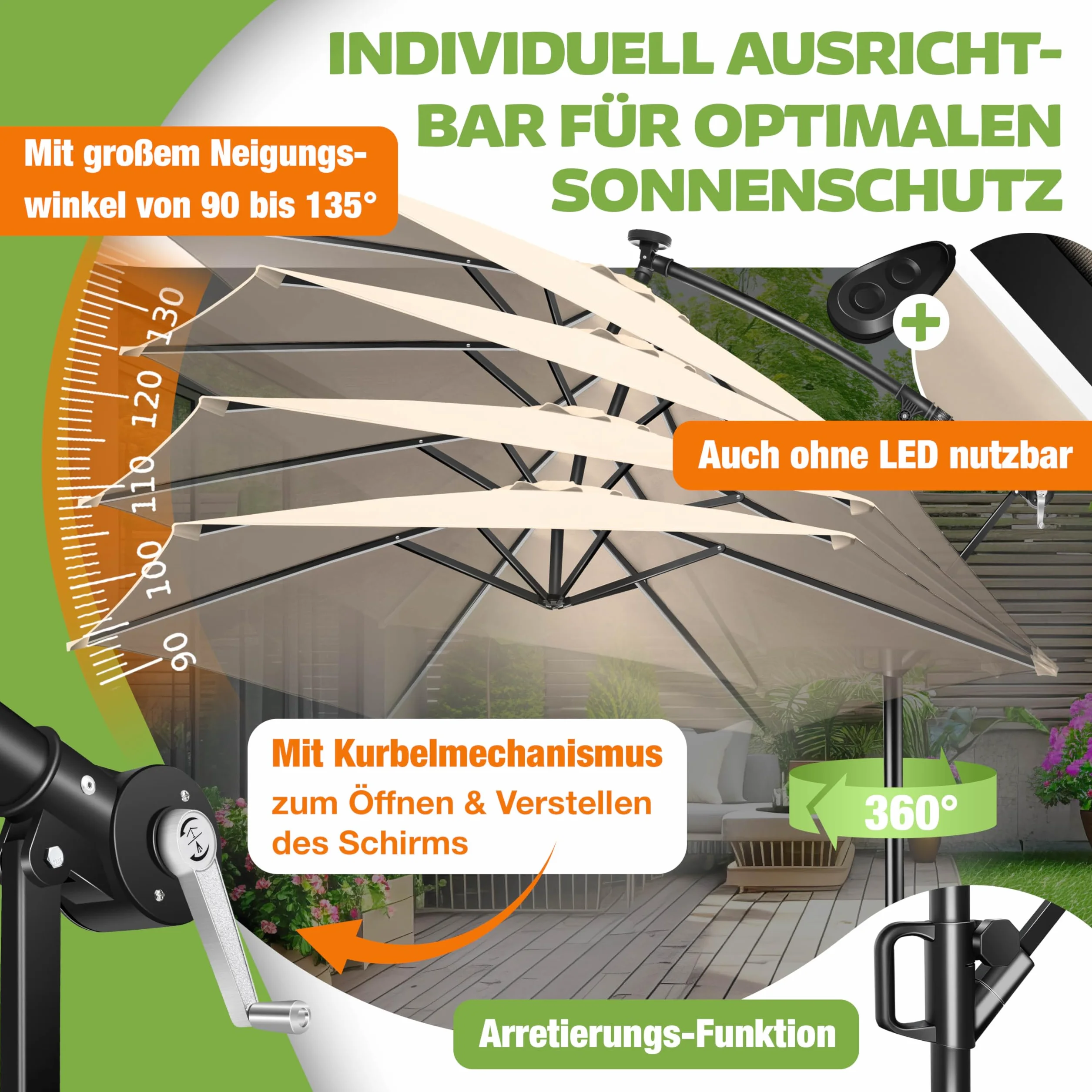 KESSER® Aluminiowy parasol przeciwsłoneczny LED solarny z pokrywą, pilot zdalnego sterowania i korbą, parasol korbowy ze stojakiem, funkcja 360°, ochrona przed promieniowaniem UV, aluminium, odporny