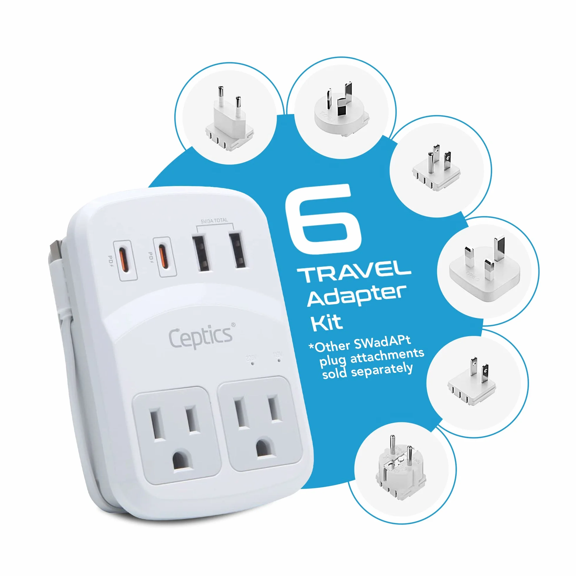 Ceptics World Travel Adapter Kit 2 USB-A, USB-C US Outlets, 20W/QC 18W Power Delivery, Surge Protection, SWADAPT Compatible for Europe, UK, China, Australia, Japan Perfect Laptop (WPS-5B)
