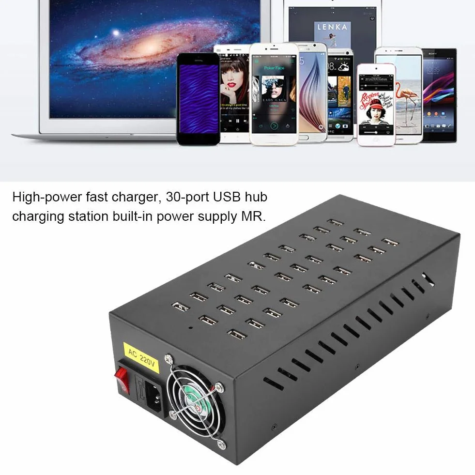 Bewinner 30-portowa stacja ładująca z koncentratorem USB wysokowydajna stacja szybkiego ładowania Stacja ładująca z koncentratorem USB do telefonów komórkowych/tabletów (100-240 V) (UE)