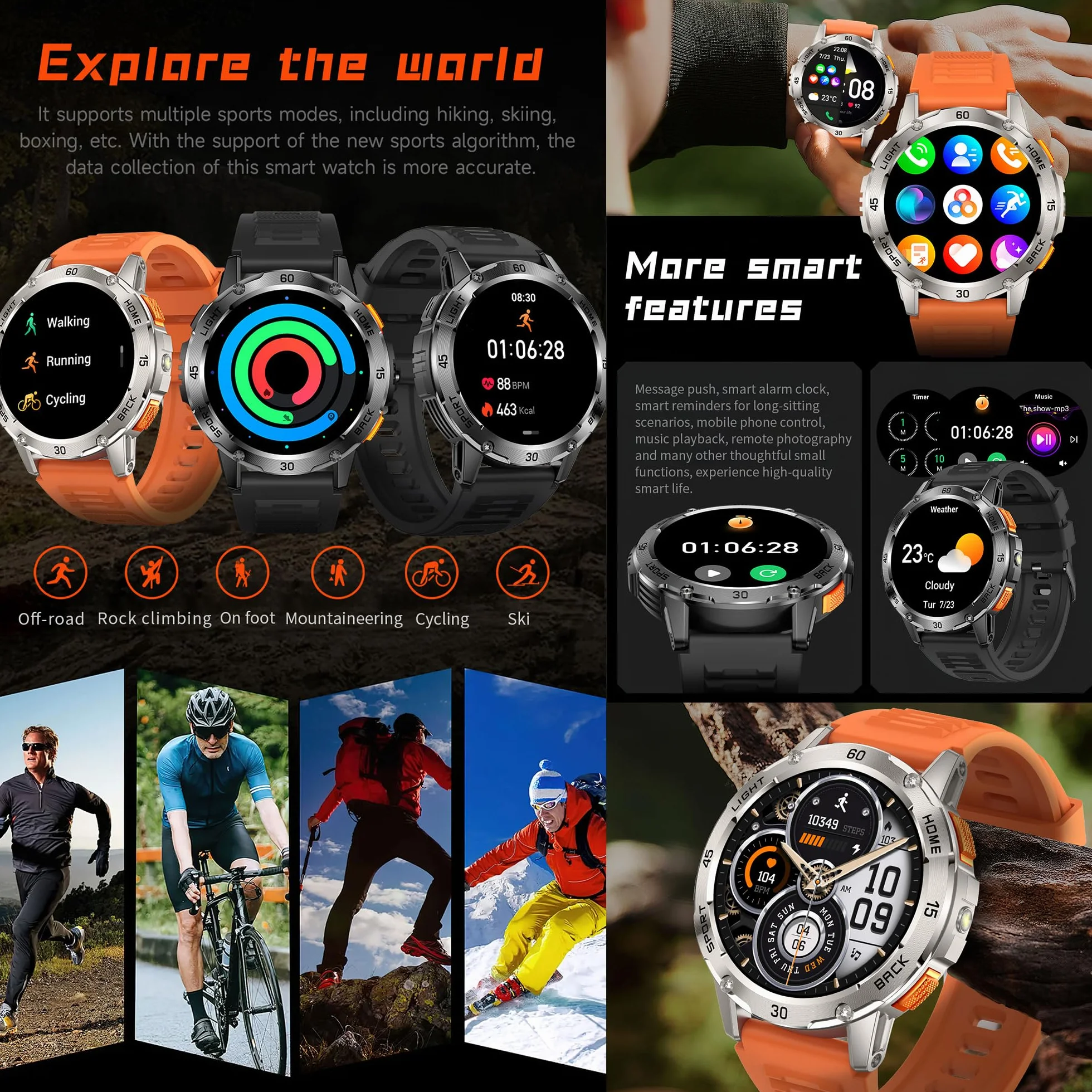 Wojskowy inteligentny zegarek (odbieranie/nawiązywanie połączeń) dla mężczyzn, smartwatch 1,53" do Androida i iPhone'a, monitor fitness IP68 z latarką/kompasem/pomiarem tętna/snem/100+ trybami