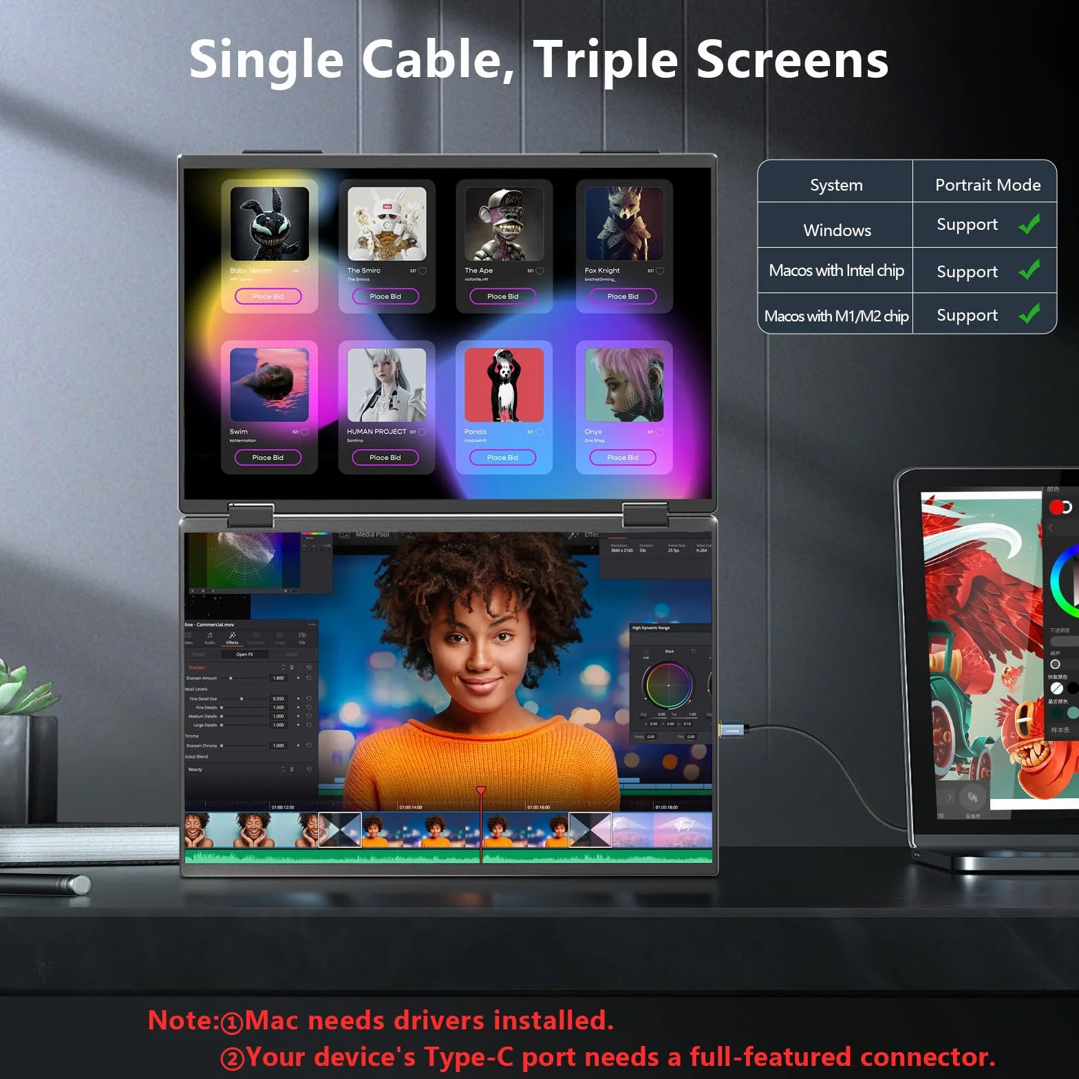 Podwójny przenośny monitor, 15,6-calowy 1080P FHD IPS składany potrójny przedłużacz ekranu laptopa, USB-C Plug & Play, podróżny, rozszerzony wyświetlacz komputera do laptopa, PC, Windows Mac