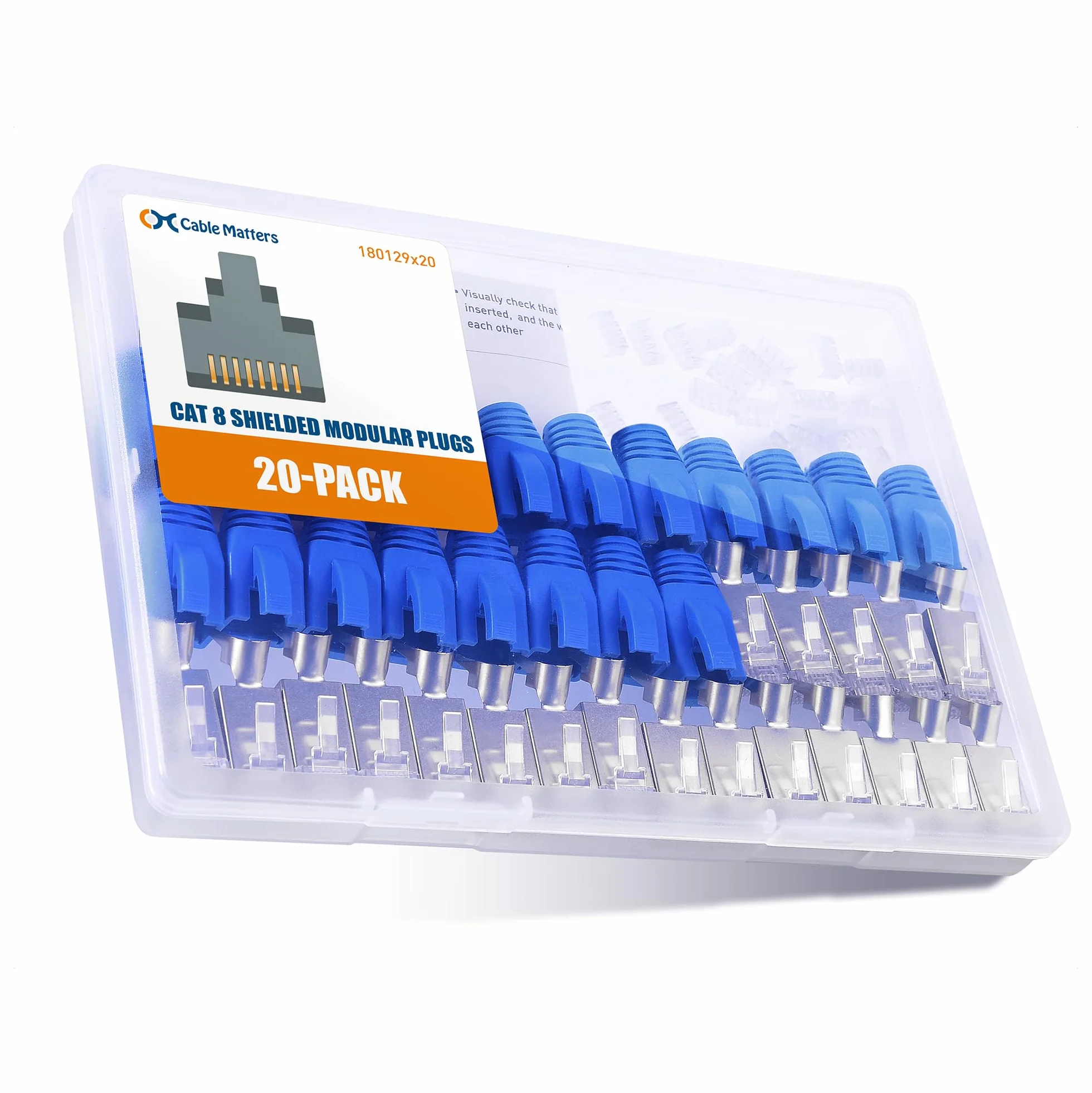 Cable Matters 20 sztuk ekranowanych złączy RJ45 Cat8 23-24AWG, z listwą obciążeniową i butami odciążającymi, złączem Cat8 RJ45 / złączem sieciowym Cat 8, nie jest kompatybilne z kablem 22AWG