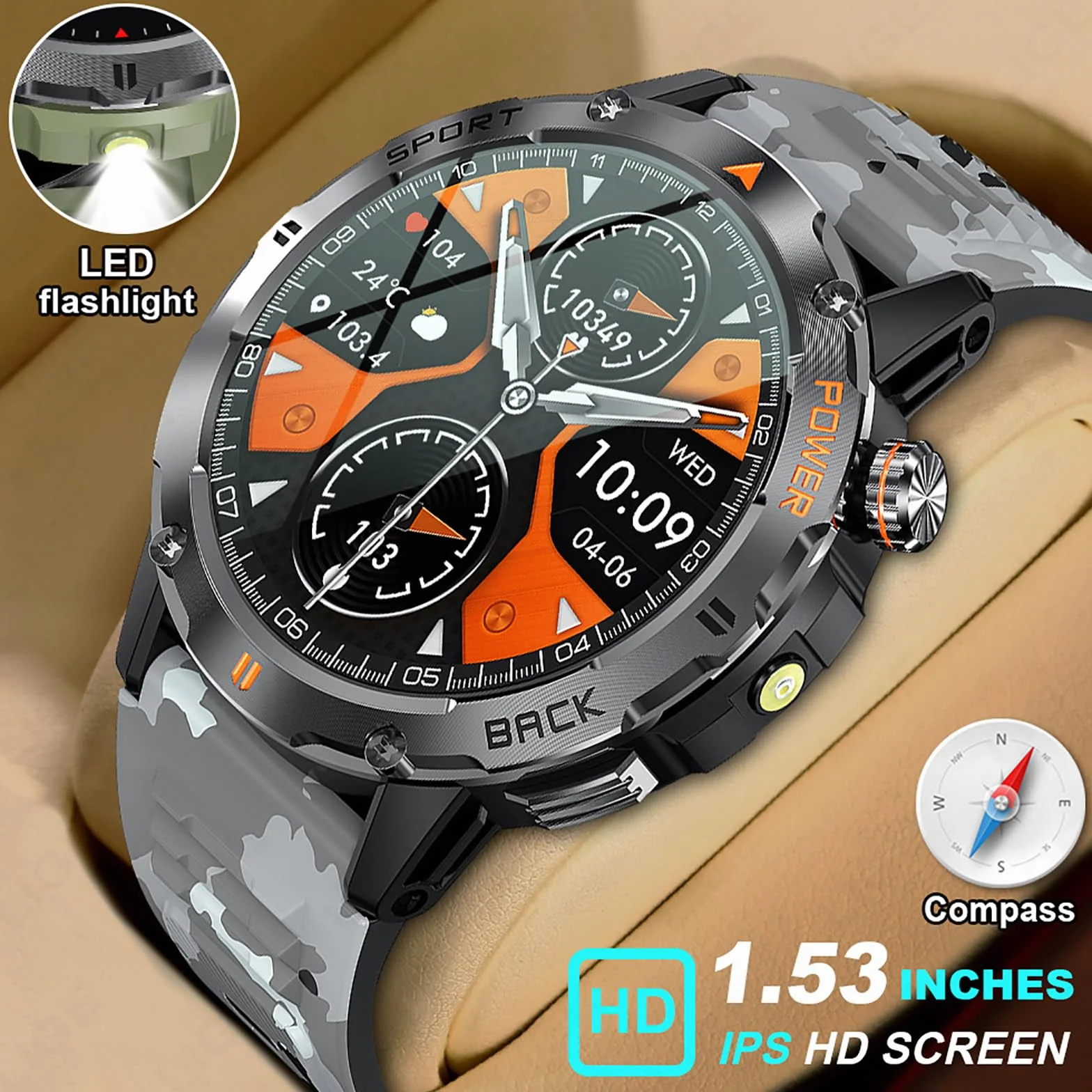 Inteligentny Zegarek, Outdoorowy Inteligentny Zegarek Sportowy, GPS Men Fitness Smartwatches Z 1,53-calowym Ekranem IPS I Latarką LED, Funkcją Kompasu, Wodoodpornością Klasy P68