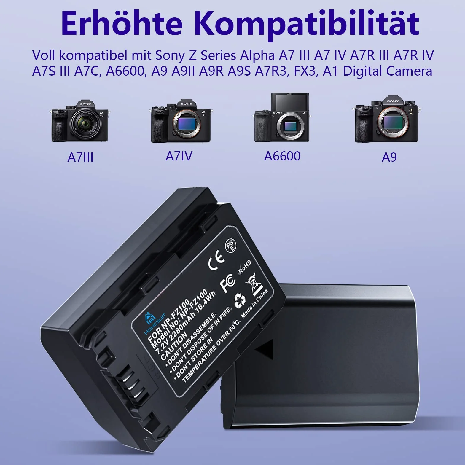 Homesuit NP-FZ100 akumulator 2280 mAh i podwójna ładowarka do Sony ZV-E1 FX3 FX30 A7RIII A7RV A7RIV A7SIII A7III A7IV A7C A7CII A6600 A6700 Alpha A1 A9 A9II A9III 9R A9R 9S (2 sztuki)