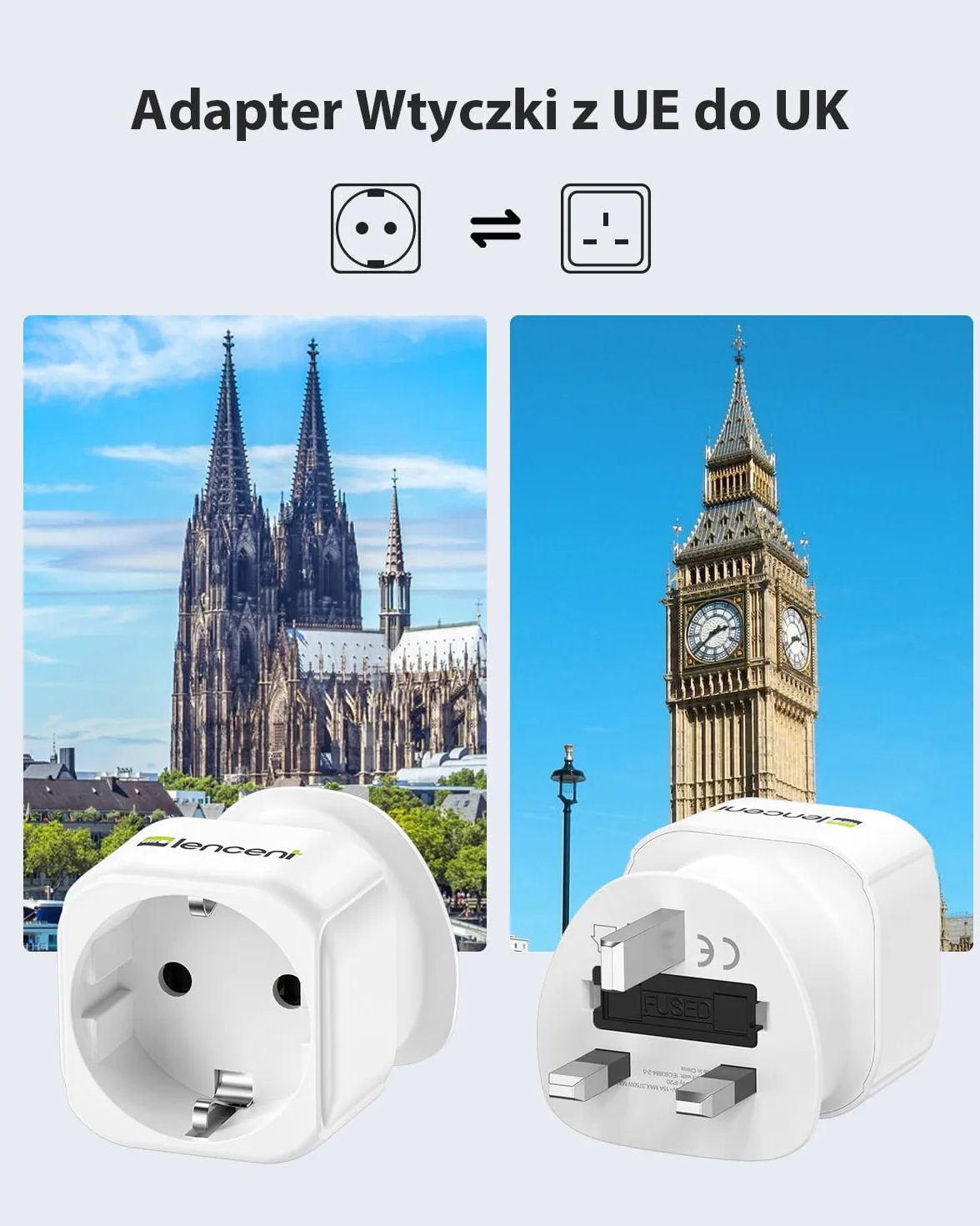 LENCENT 2 sztuki Adapter Podróżny Poland do UK Wtyczka, Typu-G Wtyczka Podróżna Adapter 2-pinowy do 3-pinowy, AC Schuko Adapter do Wielka Brytania, Irlandia, Dubaj, Malezja, Singapur ładowarka ścienna