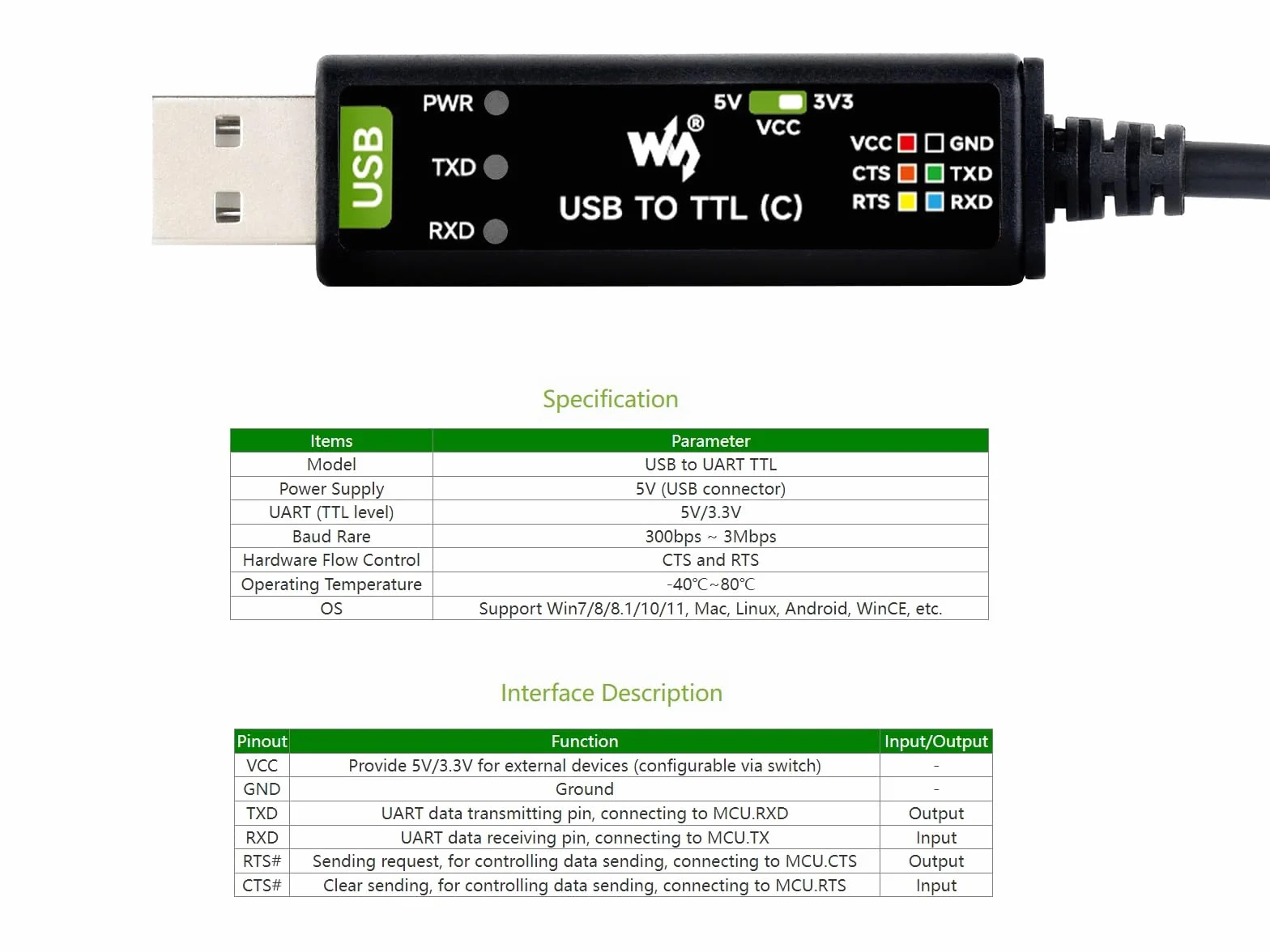 Industrial USB to TTL Serial Converter Adapter Cable 3.3V 5V FT232RNL Chip