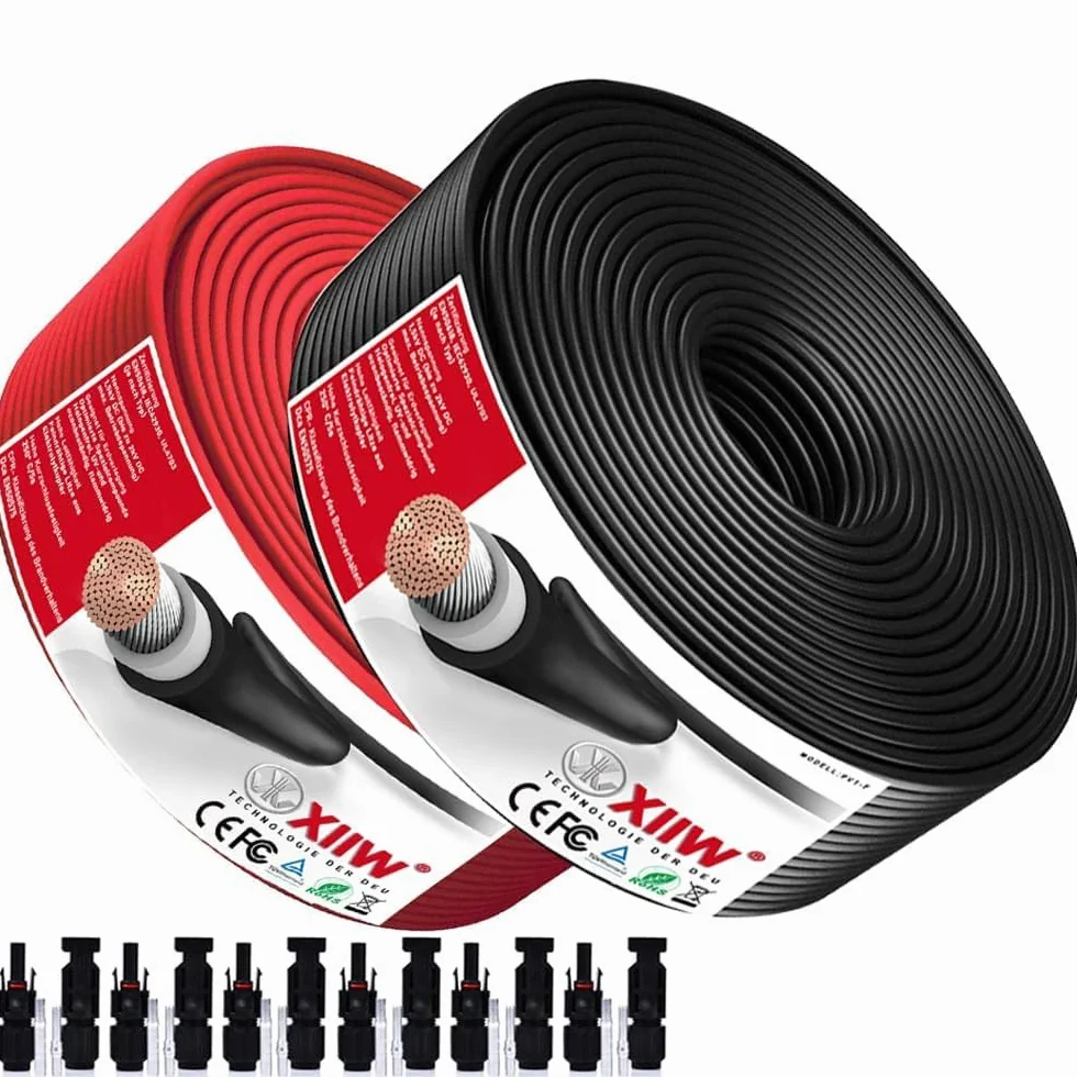 2-pak czerwony + czarny 50 + 50 m | 10 mm² 7AWG maks. 1800 V przedłużacz | w zestawie wtyczka solarna, bezhalogenowa IP67, podwójnie izolowany drut wysokiej jakości, kabel solarny PV do panelu