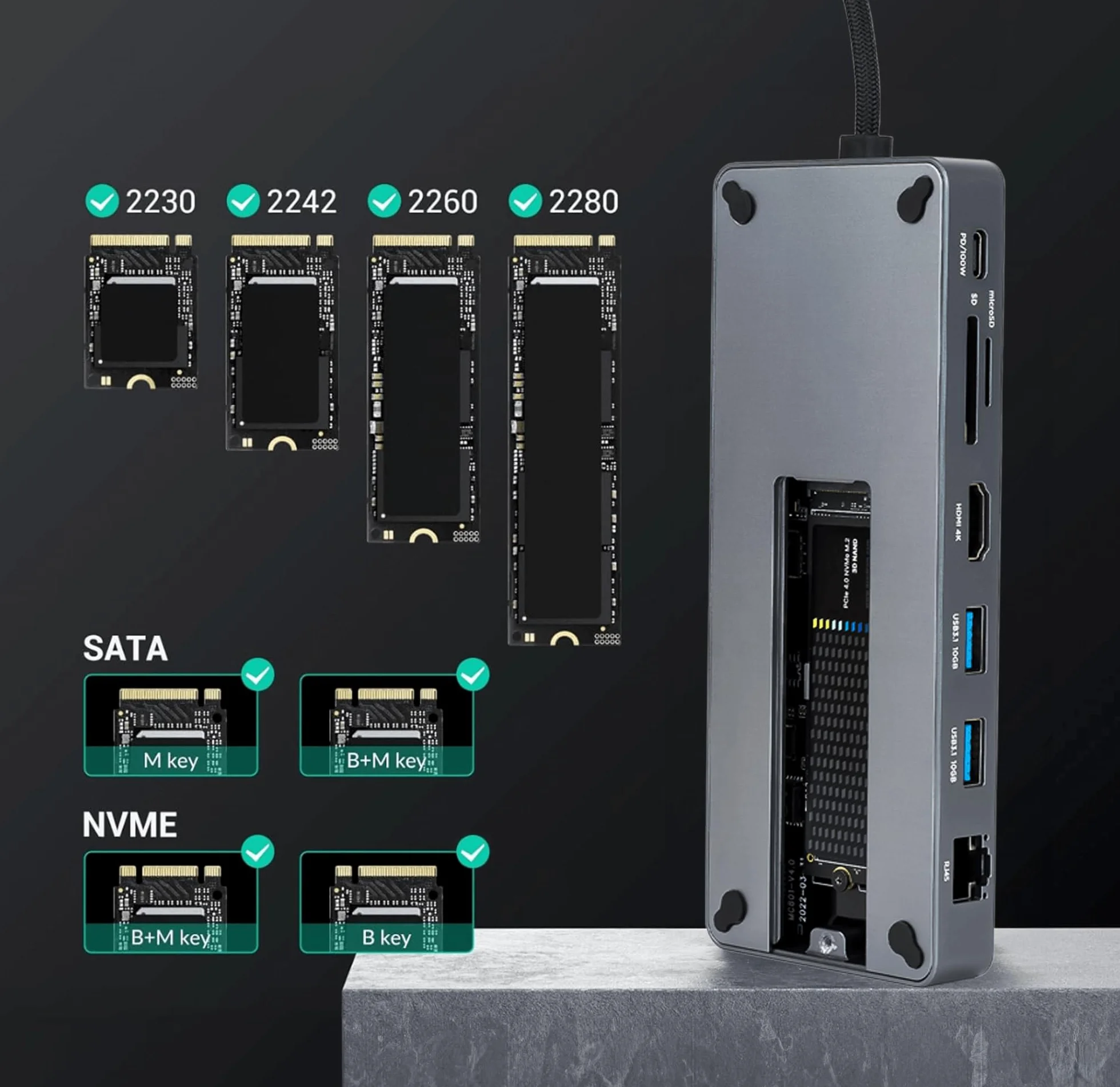 Reagle Koncentrator USB-C 10 w 1 z obudową M.2 SSD, 4K 60 Hz HDMI, 100 W PD, 10 Gbps USB 3.2 Gen 2, RJ45 Gigabit Ethernet, czytnik kart SD/microSD – kompatybilny z Windows, MacOS, Android, NVMe/SATA