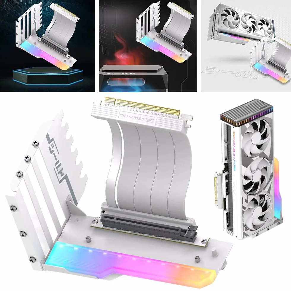 Pionowy uchwyt na kartę graficzną z kablem Riser PCI-E 4.0 X16 15 cm, uchwyt na kartę graficzną GPU, uchwyt na kartę graficzną pod kątem prostym 90 stopni (biały)