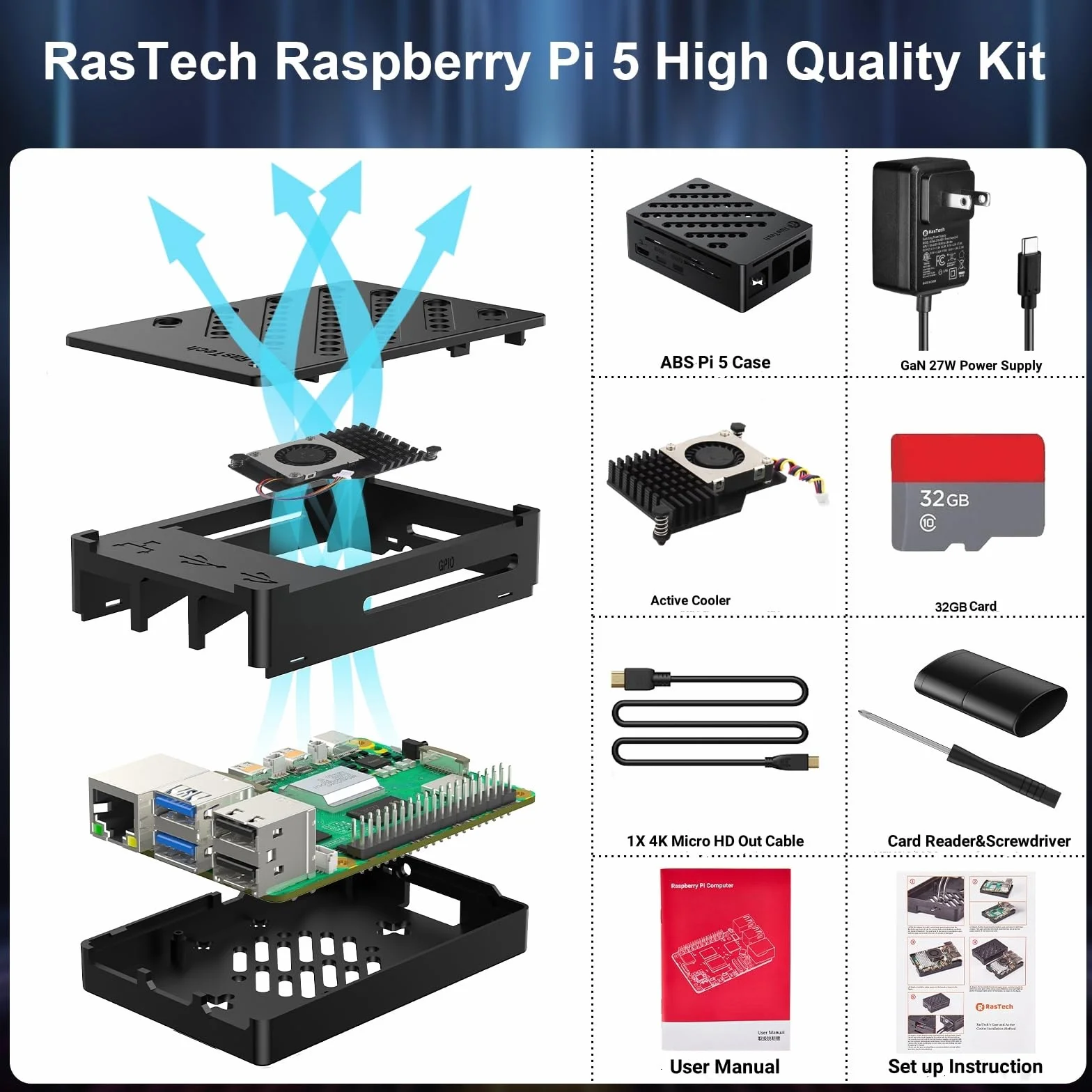 RasTech zestaw do Raspberry Pi 5 16 GB z zasilaczem GaN 27 W 5,1 V 5 A USB-C, aktywna chłodziarka, zestaw rederów kart 32 GB, kabel wyjściowy 4K Micro HD, etui na karty Pi 5 16 GB i instrukcja obsługi