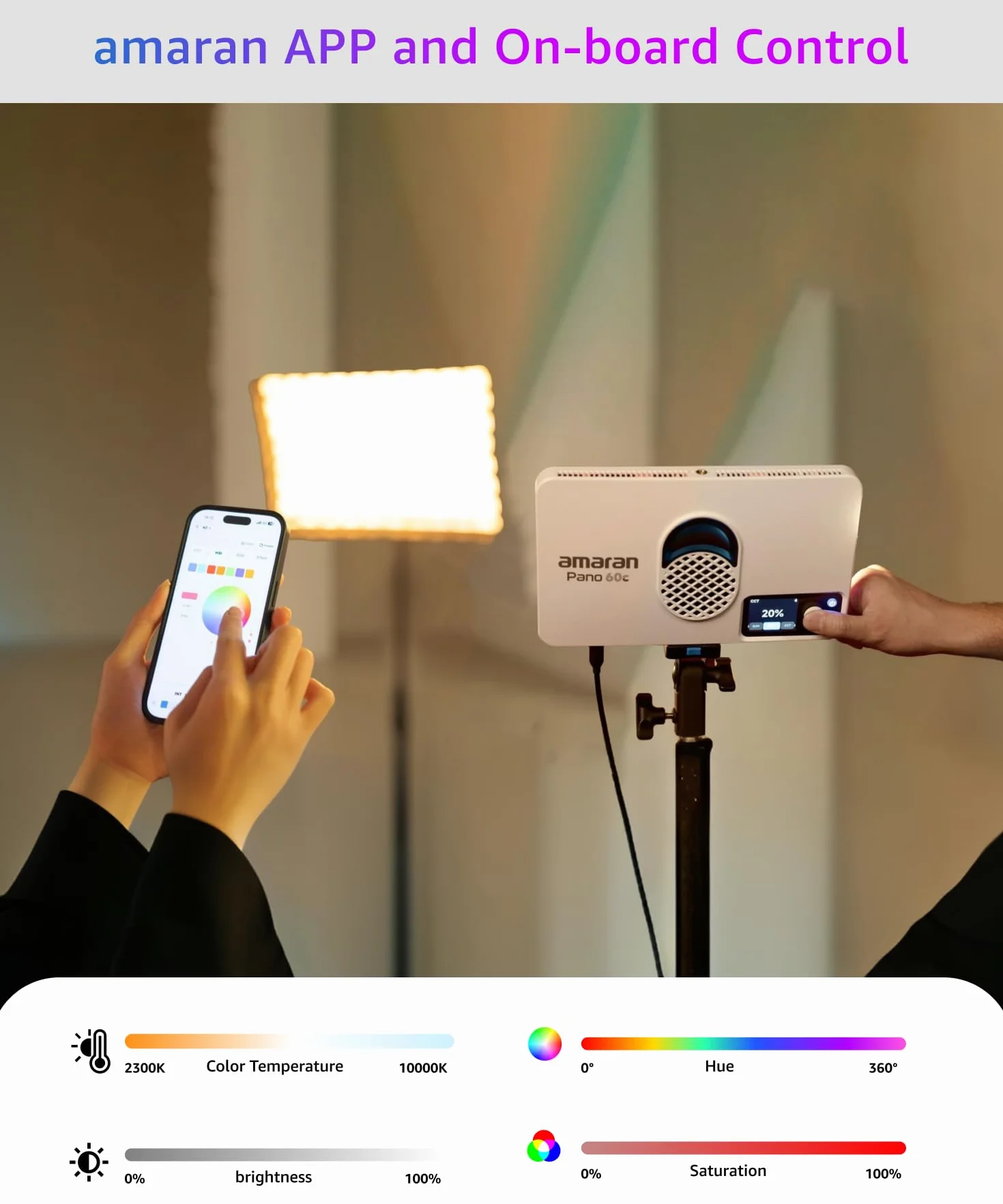 amaran Pano 60c 2-Light Kit 60 W RGBWW zestaw lamp panelowych pełnokolorowych, 22.220 lx @ 0,5 m, zasilanie USB-C PD, w zestawie softboxy, siatki, dyfuzory, statywy i torba do przenoszenia fotografii