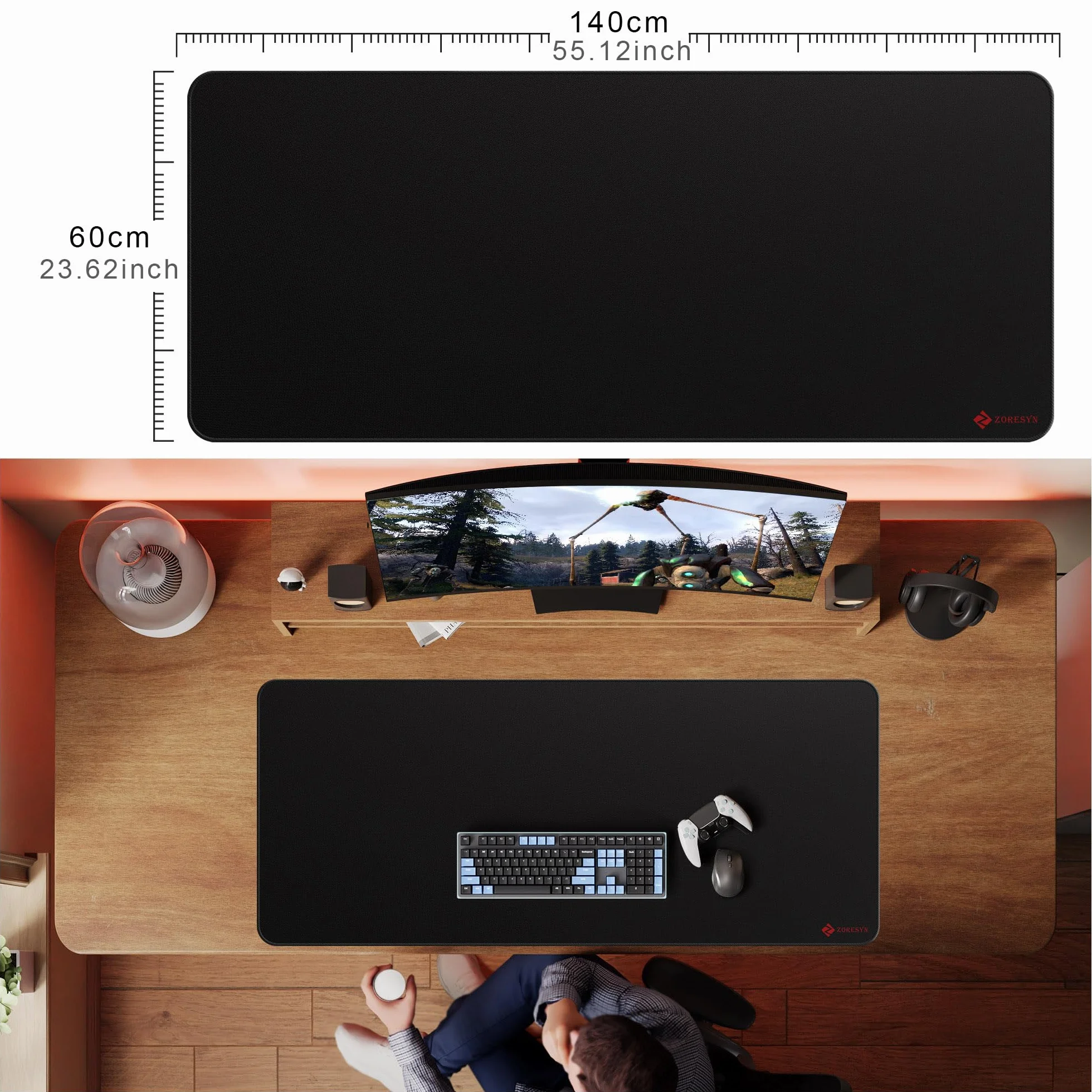 ZORESYN Podkładka pod mysz do gier 140 x 60 cm – masywna rozszerzona mata na biurko z precyzyjną powierzchnią, zszytą krawędzią i antypoślizgową podstawą dla graczy o niskiej czułości i stacji