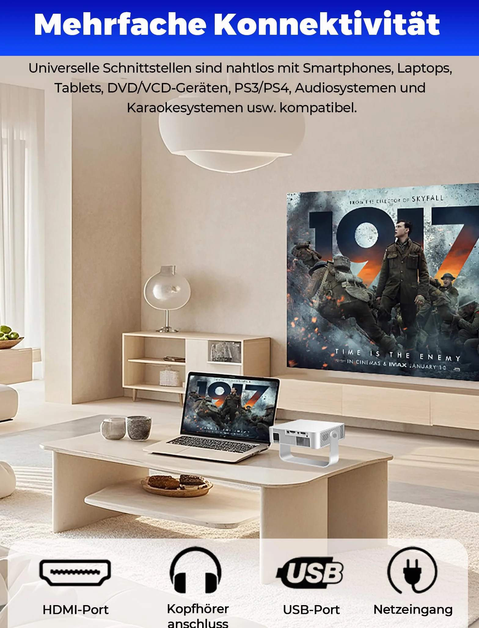 Mini projektor z WiFi 6 i Bluetooth 5.4, przenośny projektor z obsługą 4K/1080P, projektor wideo z pilotem zdalnego sterowania, inteligentny projektor kompatybilny ze smartfonami/TV Stick/HDMI/USB
