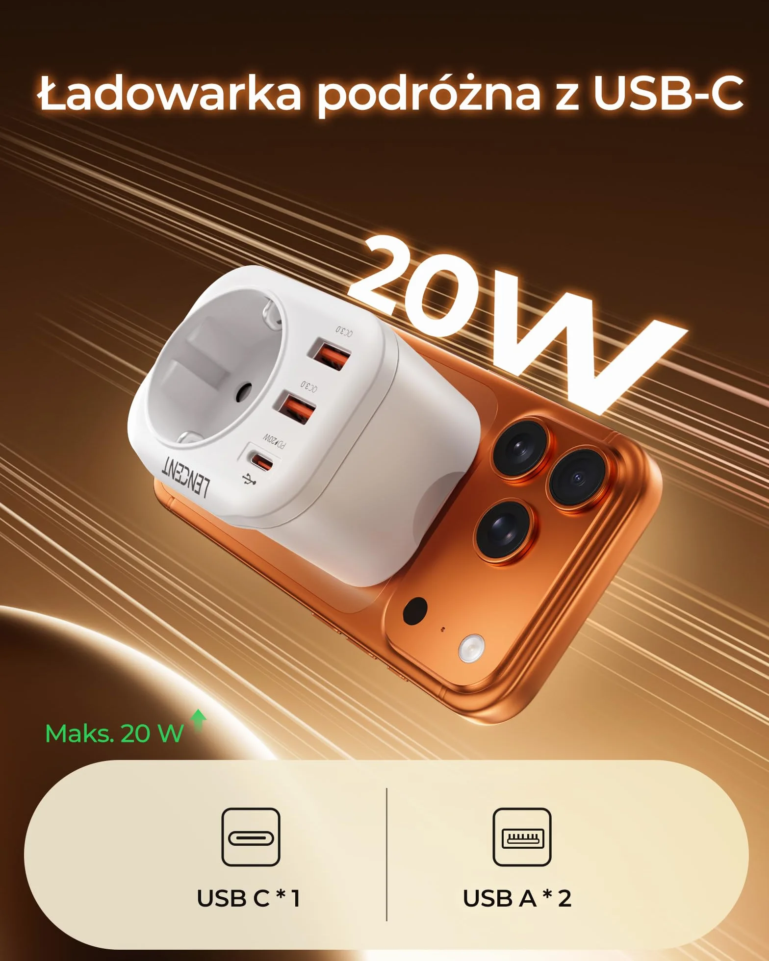 LENCENT 4-w-1 Szybkie ładowanie Adapter Podróżny IN Adapter Indie Wtyczka, Typu-D Wtyczka Podróżna Adapter z 2 USB QC3,0 + 1 Typu C PD 20W, Polski/EU do Sri Lanki, Indii, Nepalu, Biały