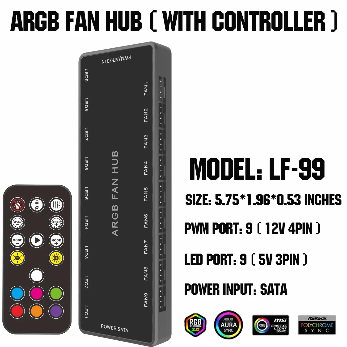 ARGB PWM koncentrator wentylatora, adresowalny 5V 3PIN ARGB 12V 4Pin PWM obudowa 2 w 1 RGB Hub wentylatora z kontrolerem i wejściem zasilania SATA, 9 portów dla wentylatorów i 9 portów dla diod LED,