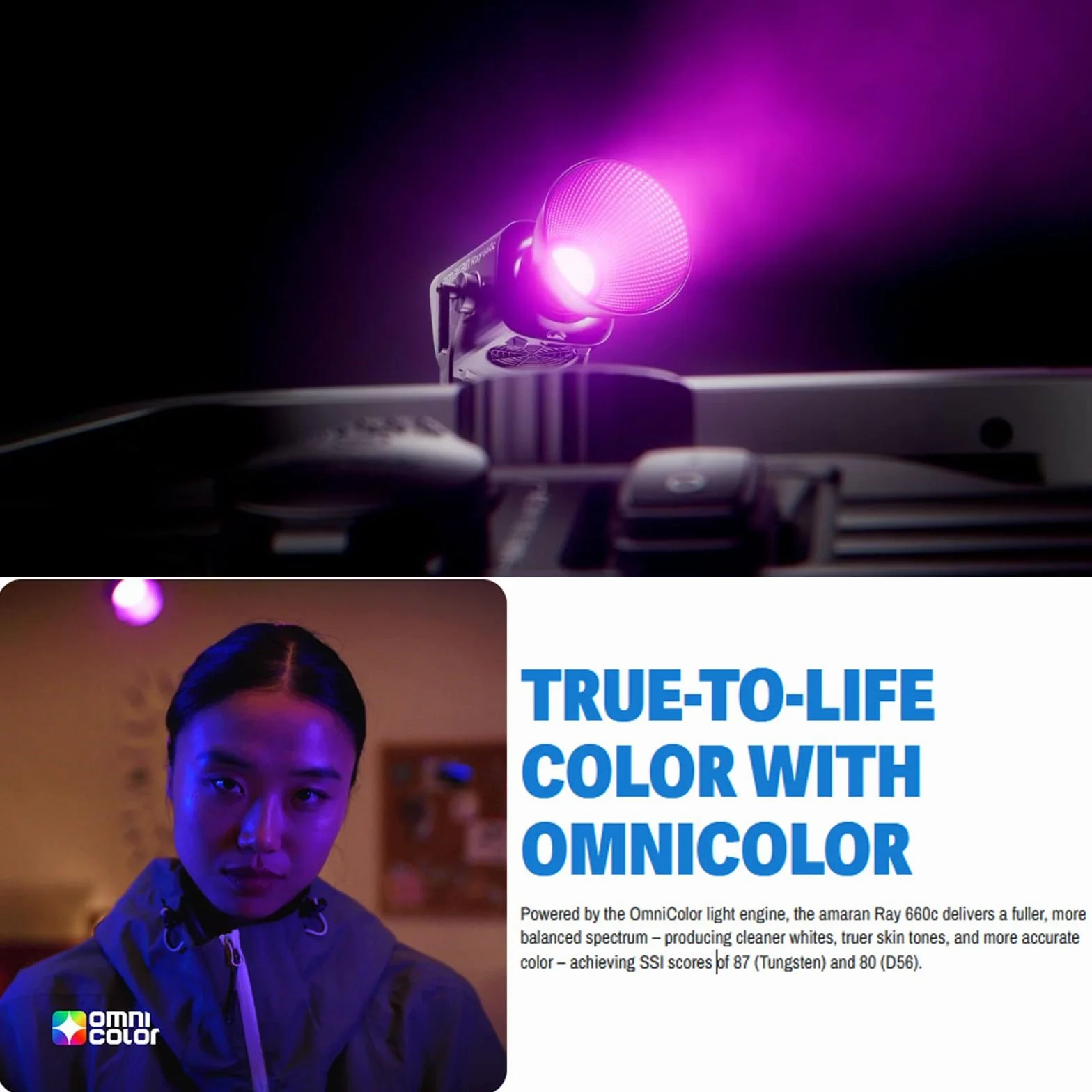 Amaran Ray 660c Full Color RGB Video Light, 660 W Bowens Mount Oświetlenie ciągłe wyjście CCT 1800 K-20 000 K, 38 500 luksów przy 1 m Obsługa APP/DMX Control 12 efektów do fotografii
