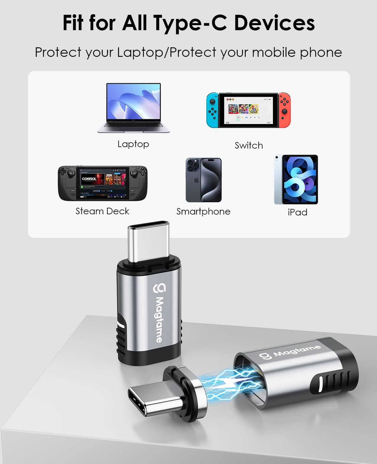 Magtame 240W magnetyczny adapter USB C 40Gbps, 1Pack proste adaptery typu C z 2-końcówkami, 24Pin szybkie ładowanie danych 4K 60Hz dla USB 3/4 MacOS Pro/Air Laptop Tablet i urządzenia typu C | Złącze typu C z transferem danych 40 Gb/s i wyjściem wideo 4K
