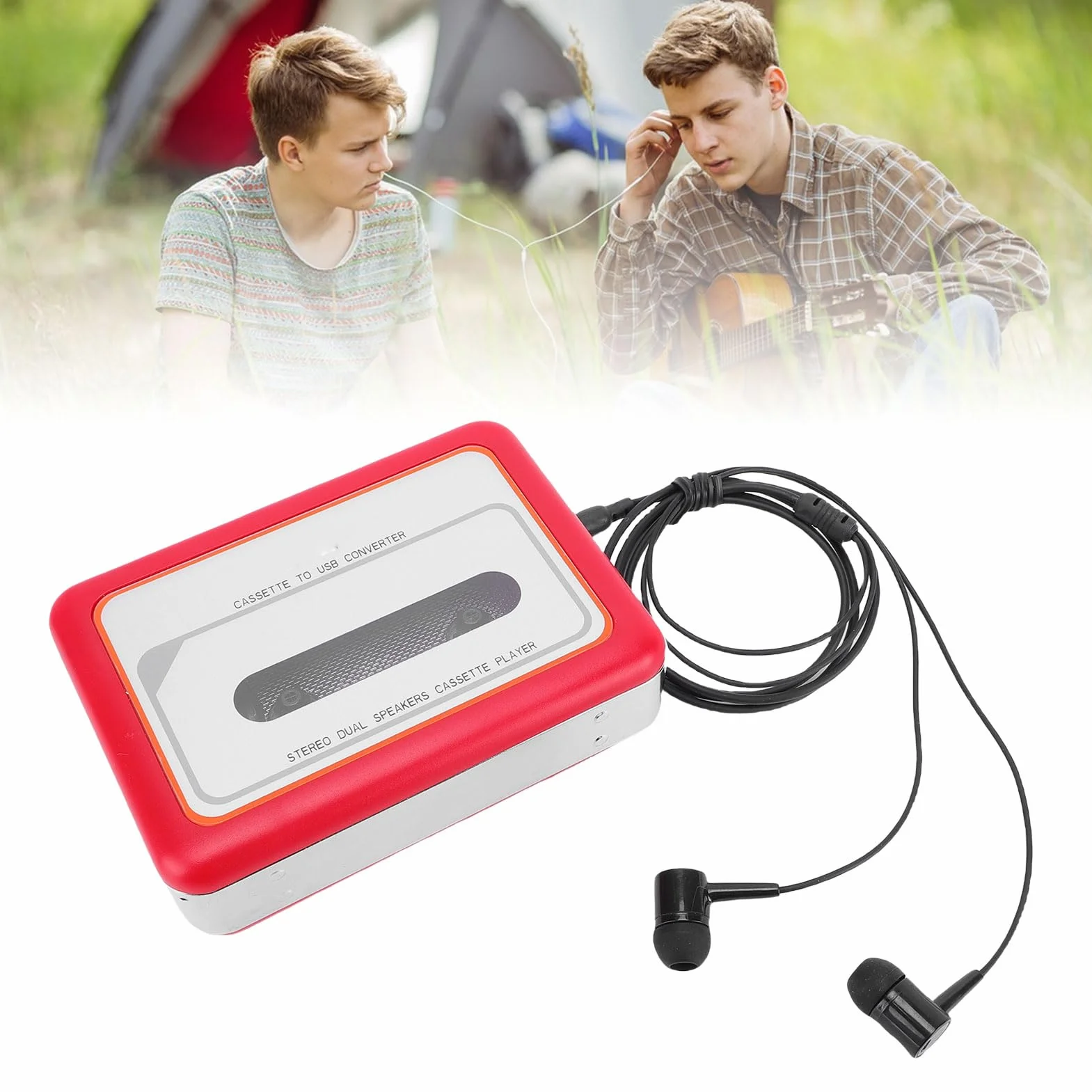 Odtwarzacz Kasetowy, Przenośny Konwerter Kaset na MP3, Odtwarzacz z Gniazdem Słuchawkowym 3,5 Mm, Słuchawki, Wbudowany Głośnik, Konwerter Taśmy na cyfrową, 2 Baterie AA/zasilanie Przez USB