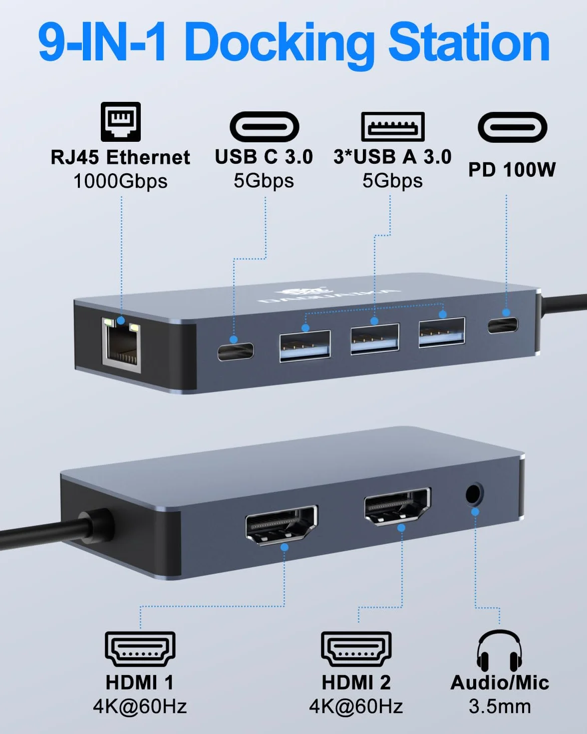Hub USB C, stacja dokująca 9 w 1, podwójny wyświetlacz HDMI 4K przy 60 Hz, adapter Ethernet RJ45 1000 Mb/s, PD 100 W, 3 porty USB-A 3.0, 3,5 mm audio/mikrofon do MacBooka Pro, Lenovo, Surface, Dell