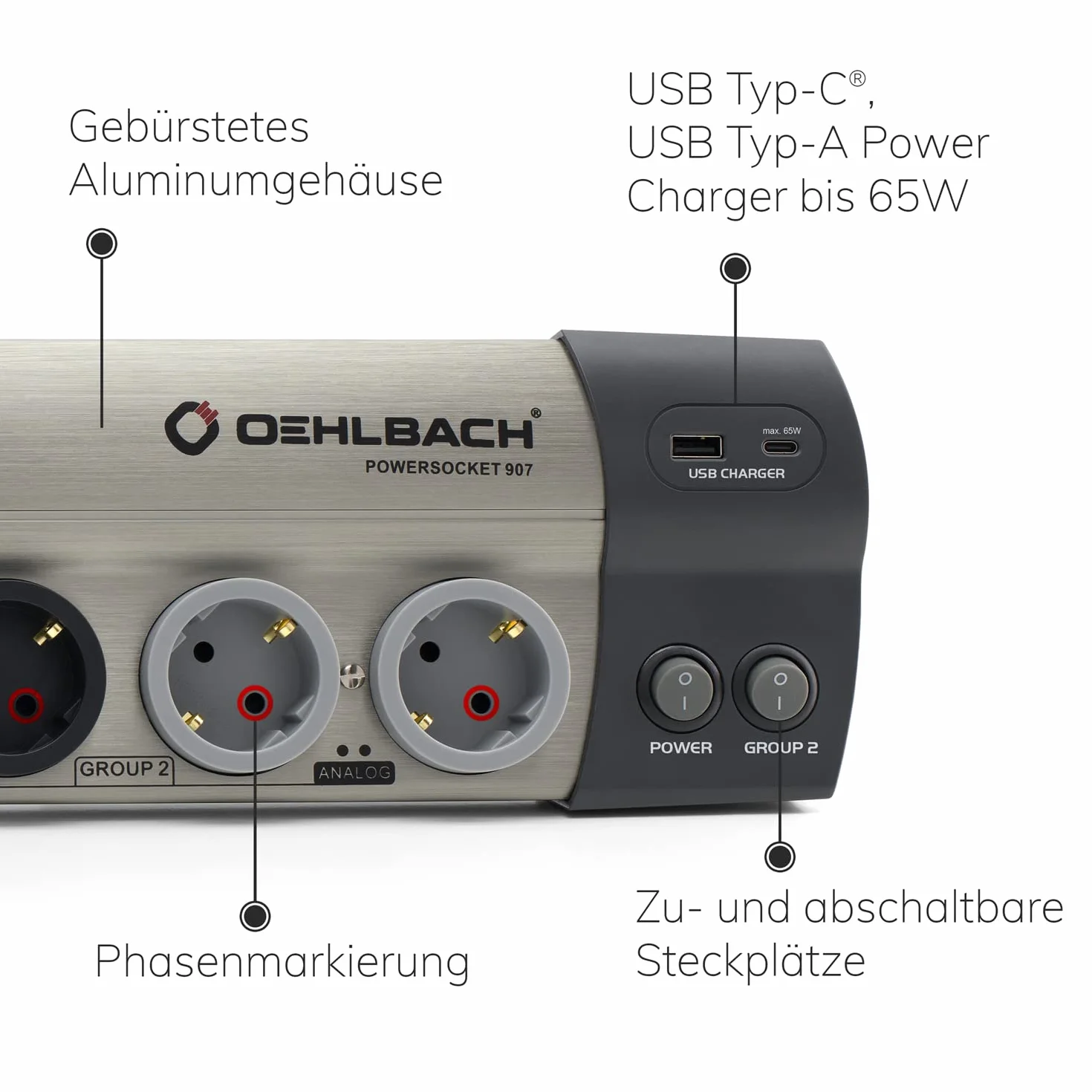 OEHLBACH Powersocket 907 MKII wysokiej jakości listwa zasilająca HiFi z filtrowaniem i ochroną przed przepięciem (2 gniazda USB – ładowarka USB-C 65 W Power i gniazdo USB-A) – szczotkowane aluminium
