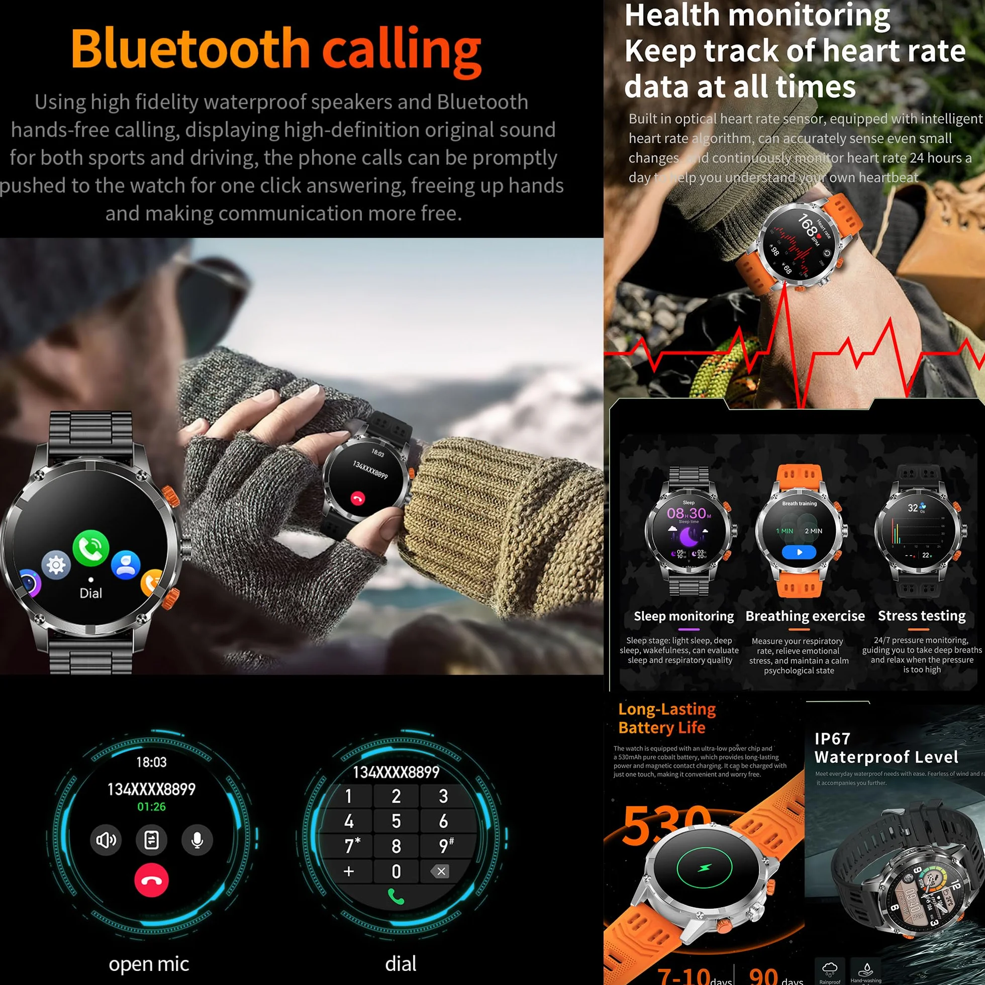 Smartwatche Mężczyzna z Funkcje Telefonu Bluetooth, Bateria 530 mAh, Sportowy Smartwatch 1,7" AMOLED ze 110+ trybami Sportowymi, Pomiarem Tętna, SpO2, Wodoodpornością dla Android iOS (srebrny)