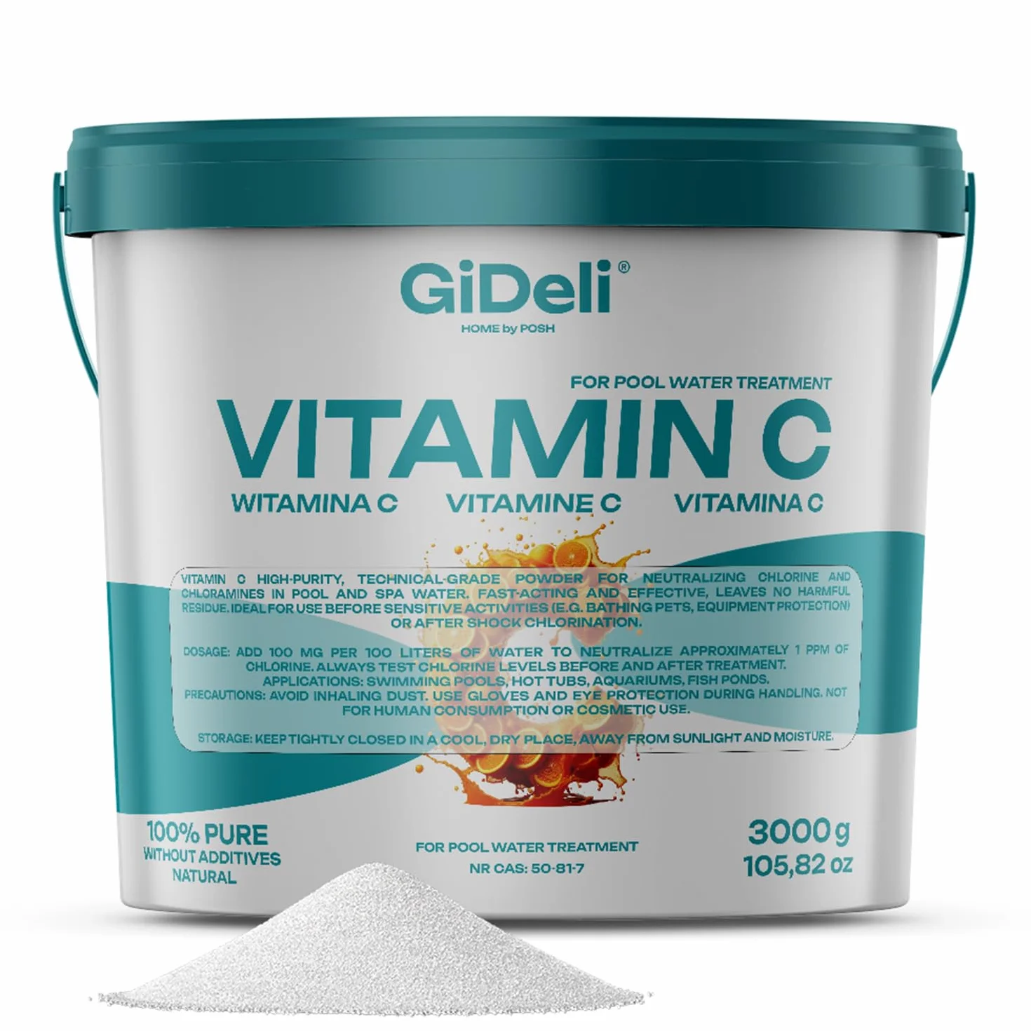 GiDeli Proszek witaminy C 3 kg techniczna wysoka czystość do neutralizacji chloru w basenie, SPA, jacuzzi, akwarium, wodzie do stawu