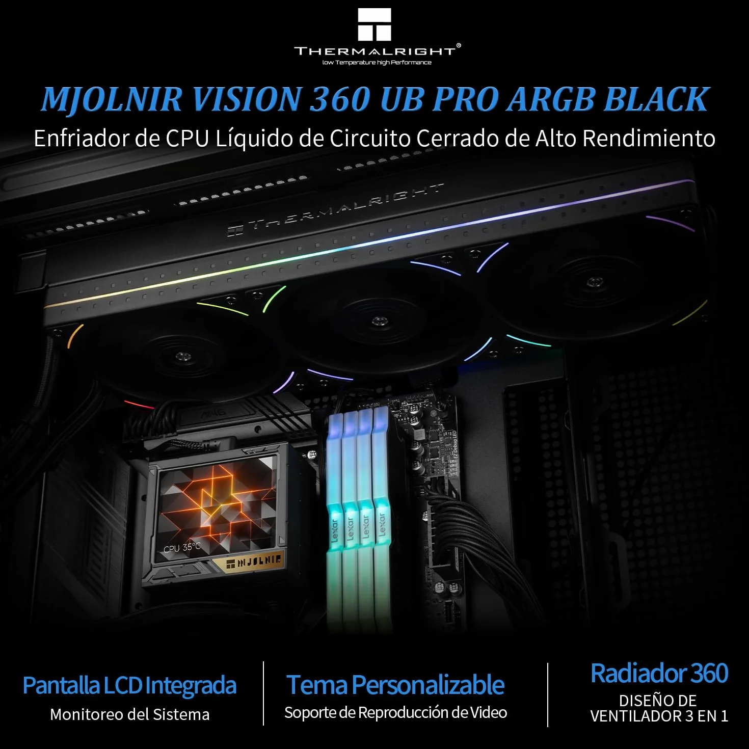 TR Mjolnir Vision 360 UB PRO ARGB Black CPU-Aio, specyfikacja 360, system chłodzenia wody z wentylatorem liniowym, ekran LCD 3,5" o rozdzielczości 640 x 480 do AM4/AM5; Intel lga1700/1851