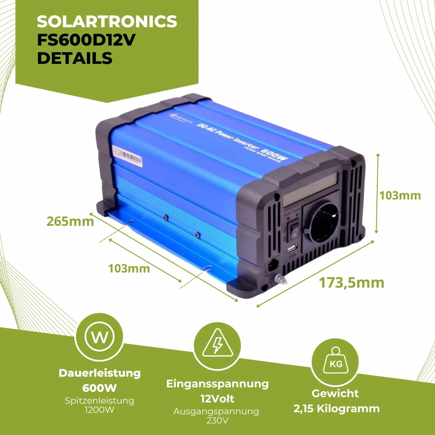 solartronics Przetwornica napięcia FS600D 12 V 600 W Czysty sinus niebieski m. Display Inverter falownik