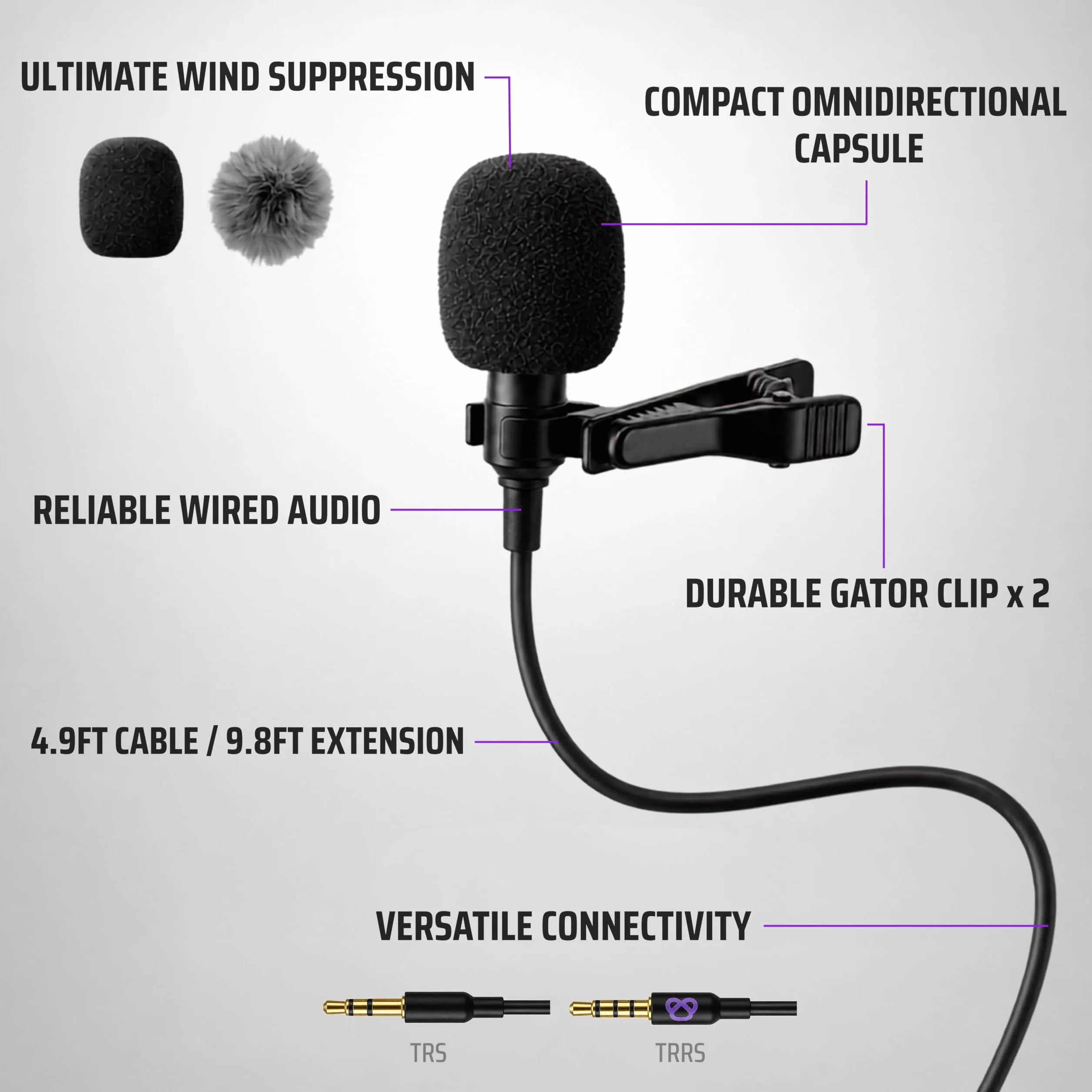 Purple Panda Zestaw mikrofonu do klapy Lavalier – Clip-on wielokierunkowy mikrofon pojemnościowy Lav kompatybilny z iPhone, iPad, GoPro, DSLR, Zoom/Tascam Recorder, Samsung, Android, PS4