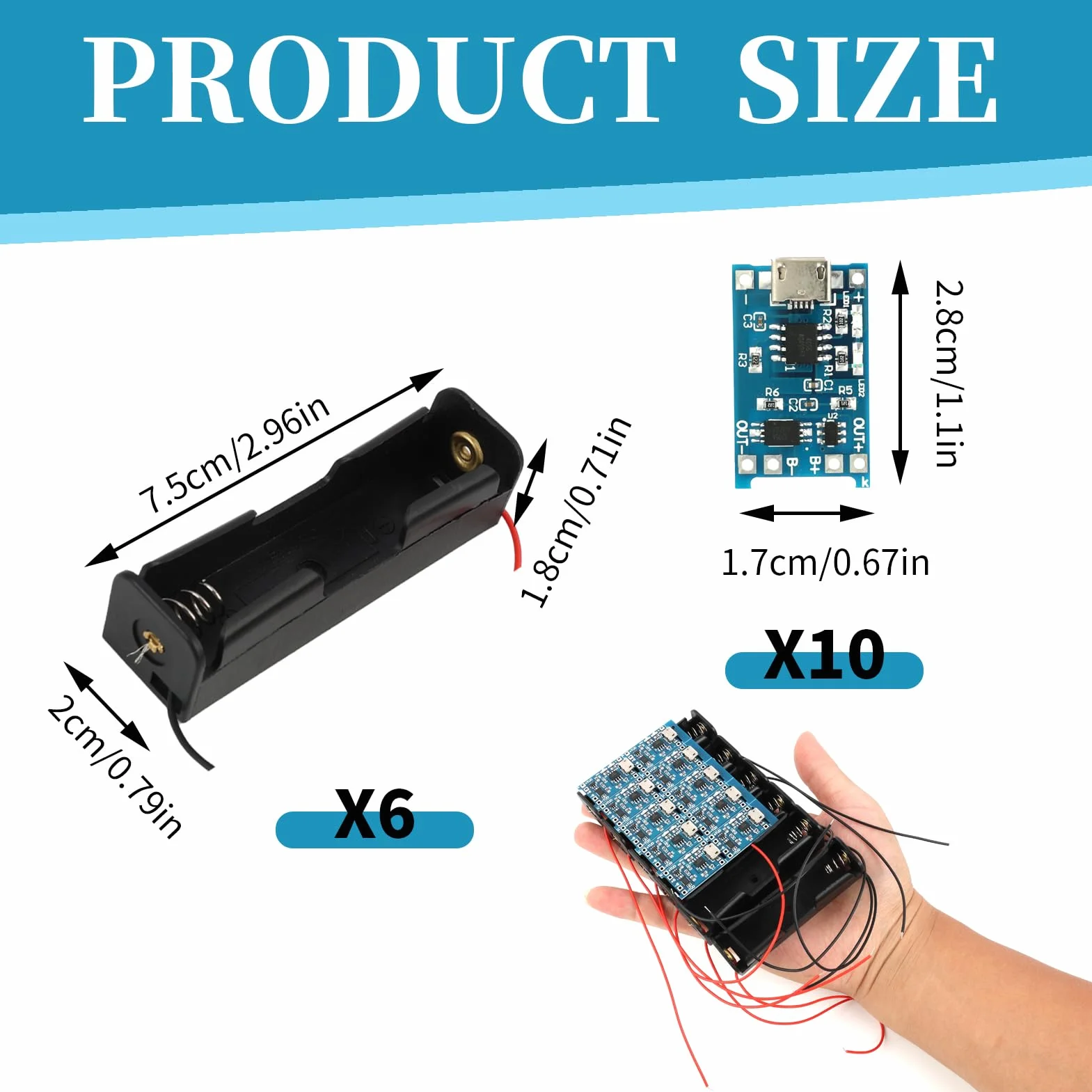 10 sztuk modułu ładowarki litowo-jonowej USB 5V 1A typu C, 6 sztuk uchwytów na baterie 3,7V z kablami podłączeniowymi, jednoszynowa płyta ładująca i podwójne funkcje ochronne (10 sztuk Micro USB +