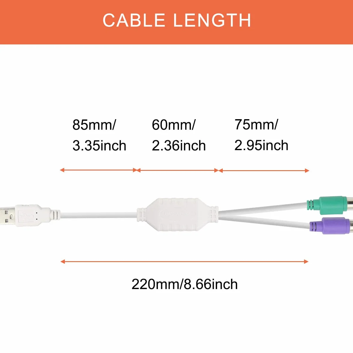 Xiatiaosann PS2 na USB A adapter kabel klawiatura mysz adapter przewód PS/2 męski na USB A wtyczka męska do myszy i klawiatury, zamiennik adaptera myszy PS2, 2 szt