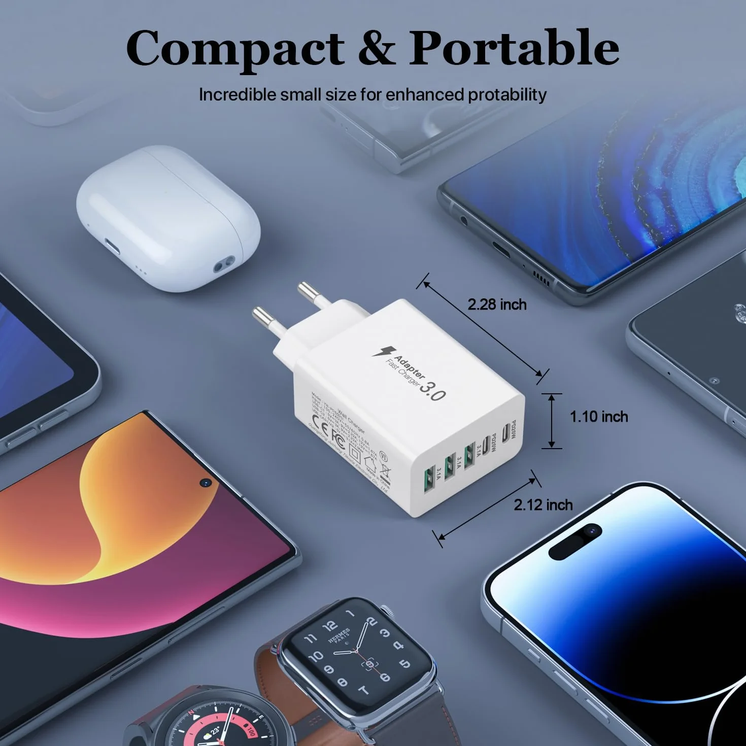 Ładowarka USB C o mocy 50 W, ładowarka z【2 portami USBC i 3 portami USBA】, charger ścienna zasilacza USB o mocy, zasilacz Fast Charge PD 3.0 kompatybilny z iPhone 12/13/14/15/Samsung/tabletami