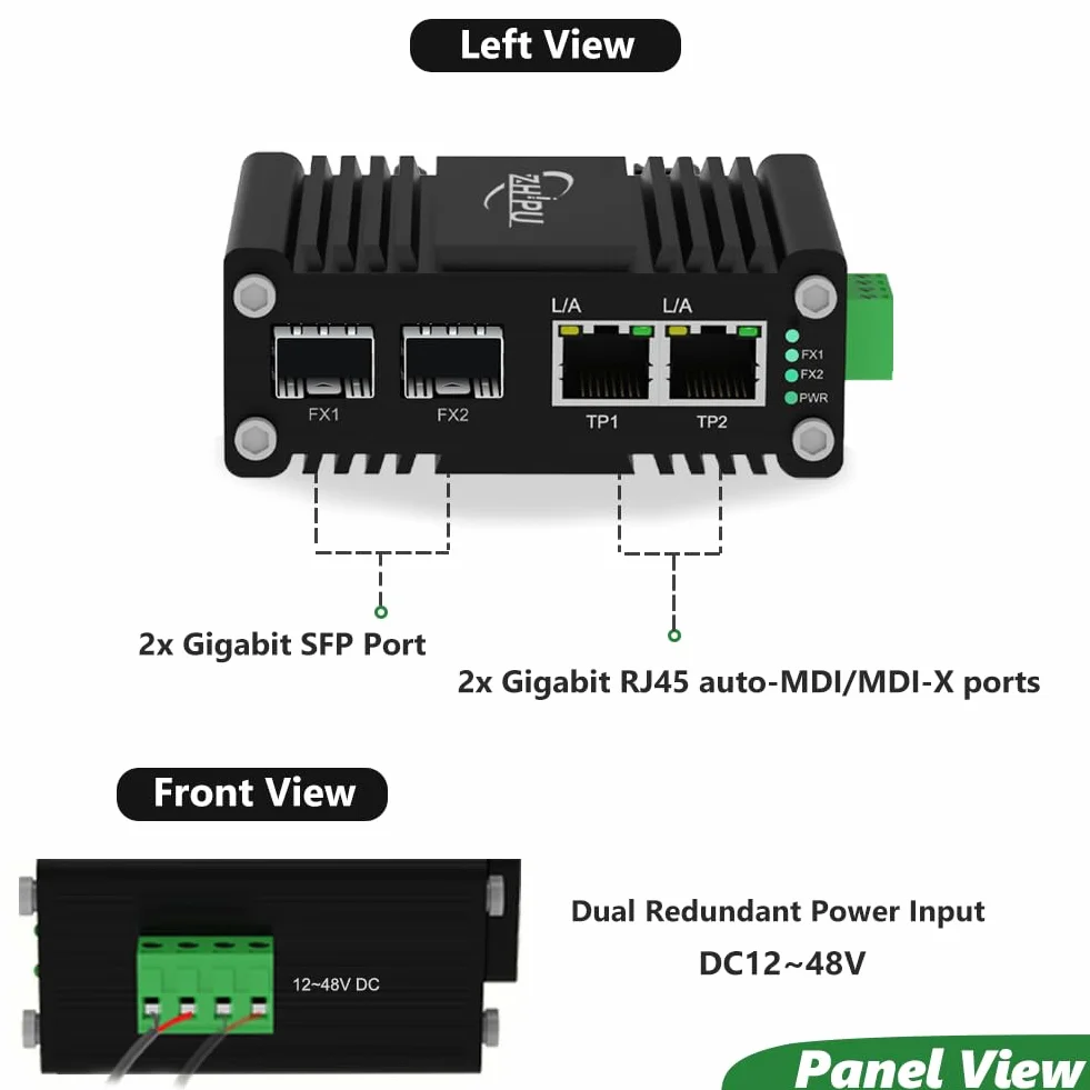 Mini przemysłowy 2-portowy przełącznik Ethernet z 2 gniazdami SFP, hartowany, gigabitowy przełącznik sieciowy obsługujący szynę DIN, wejście zasilania 12 ~ 48 VDC, od -40°C do 80°C, pogrubiona obudowa