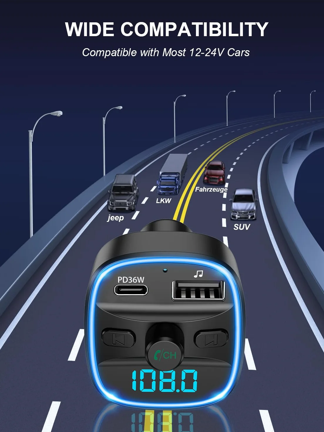 ORIA Nadajnik FM Bluetooth 5.3, adapter samochodowy z szybkim ładowaniem PD 36W, LED, zestaw głośnomówiący, TF, USB