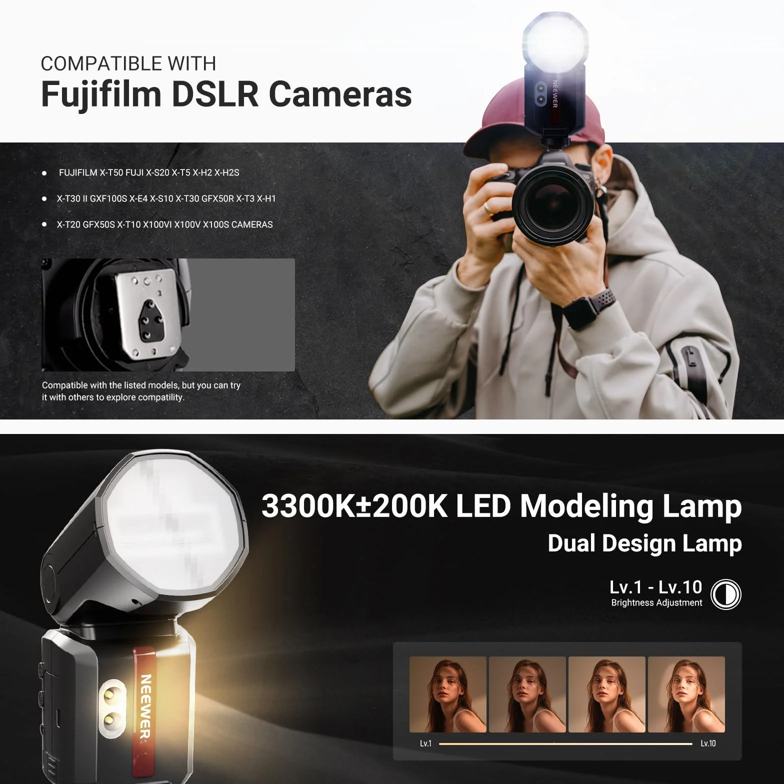 NEEWER Lampa błyskowa 100 W, 2,4G TTL, kompatybilna z aparatami Fujifilm, ekranem dotykowym, HSS 1/8000, 2 lampy sterownicze, przełącznik TTL/M, bateria 3000 mAh/500 pełnej mocy, oświetlenie do studia