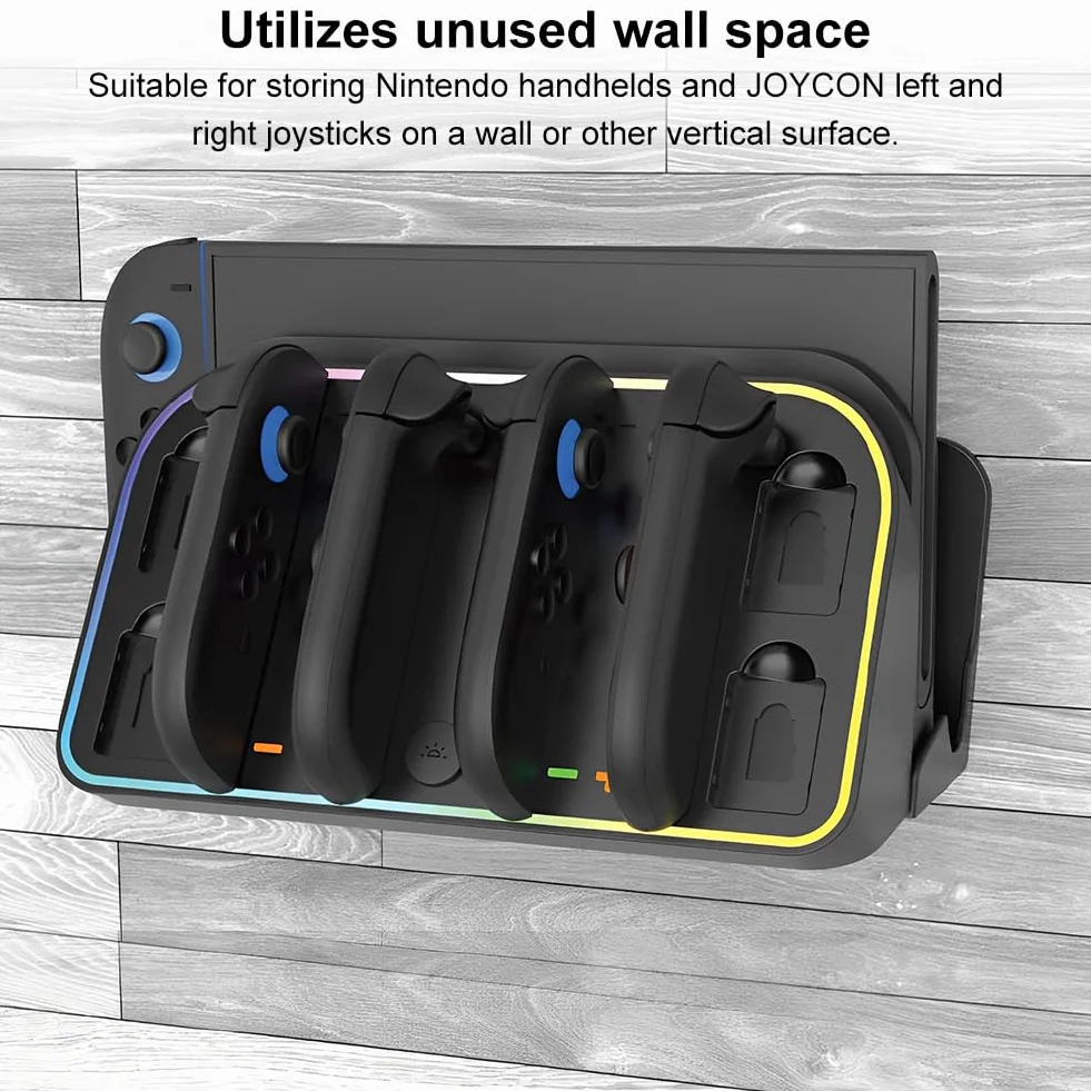 Ścienna stacja ładująca do Switch2 z oświetleniem RGB, możliwość personalizacji, uchwyt na 4 kontrolery i 4 karty