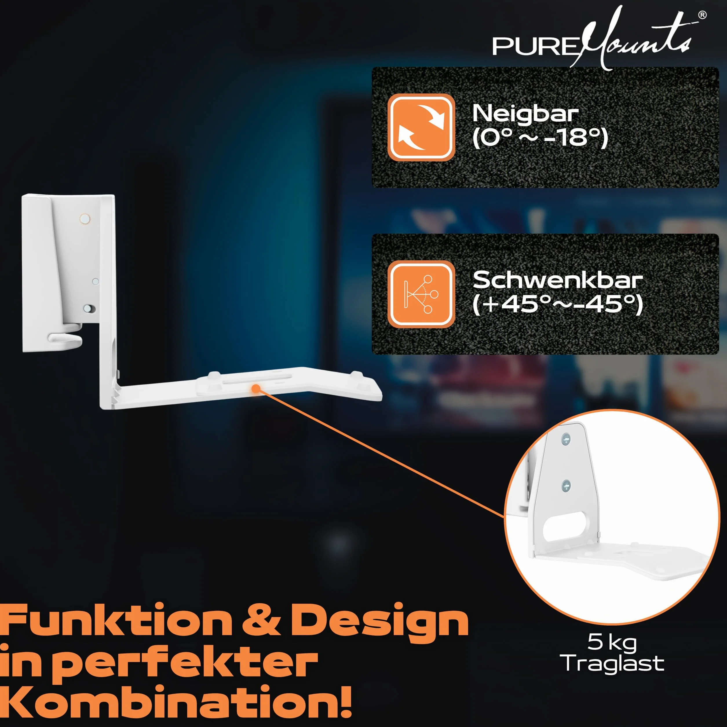 PureMounts Uchwyt na głośniki do Sonos Era 300, uchwyt ścienny na głośnik z zarządzaniem kablami, wychylny +/-45°, udźwig 3 kg, biały