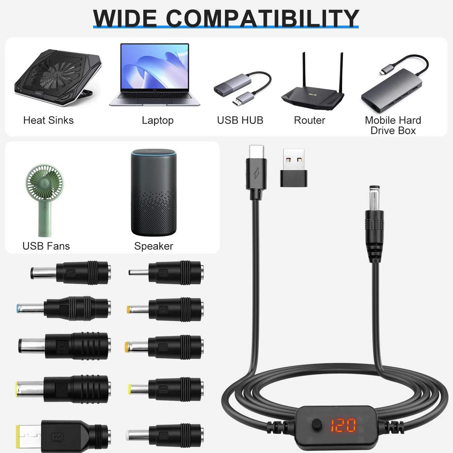kabel adapter USB-C PD do DC [5V/9V/12V/15V/20V Regulowane] z 10 złączami DC + adapterem USB | Kompatybilny z laptopem, routerem, monitorem, kamerą | złącze 5,5×2,1mm | 1,2m (60W Power