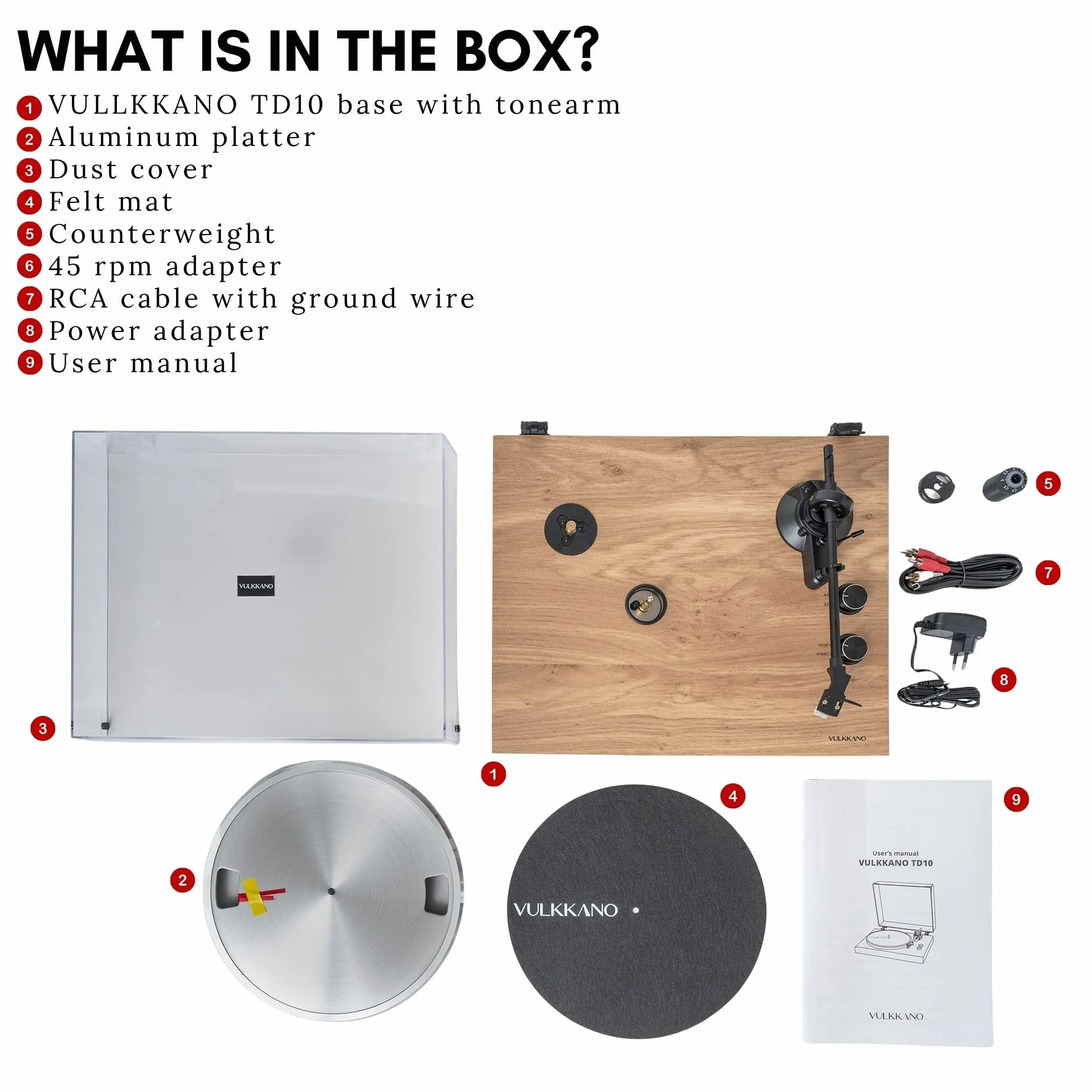 VULKKANO TD10 Gramofon z precyzyjnym ramieniem, zintegrowanym korektorem Phono/Line i eleganckim designem, kompatybilny z 33 i 45-obrotowymi winylami
