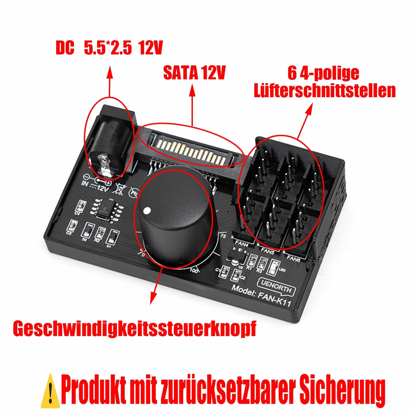 12 V 4-pinowy regulator prędkości wentylatora, koncentrator wentylatora PC ze złączami SATA i DC, koncentrator wentylatora PC ze złączami SATA i DC 5525, obsługuje 6 wentylatorów, maks. 60 W, wyjście