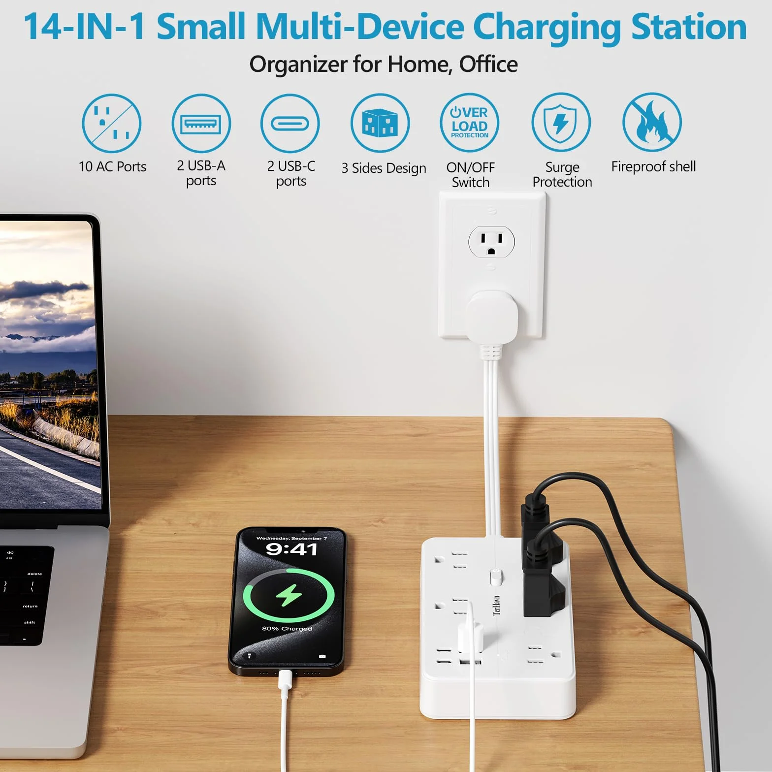 listwa zasilająca chroniąca przed przepięciem, płaski kabel przedłużający 1 stopę, 10 wyjść AC i 4 porty USB (5 V/3,4 A 17 W), 1080J, stacja ładująca do komputera