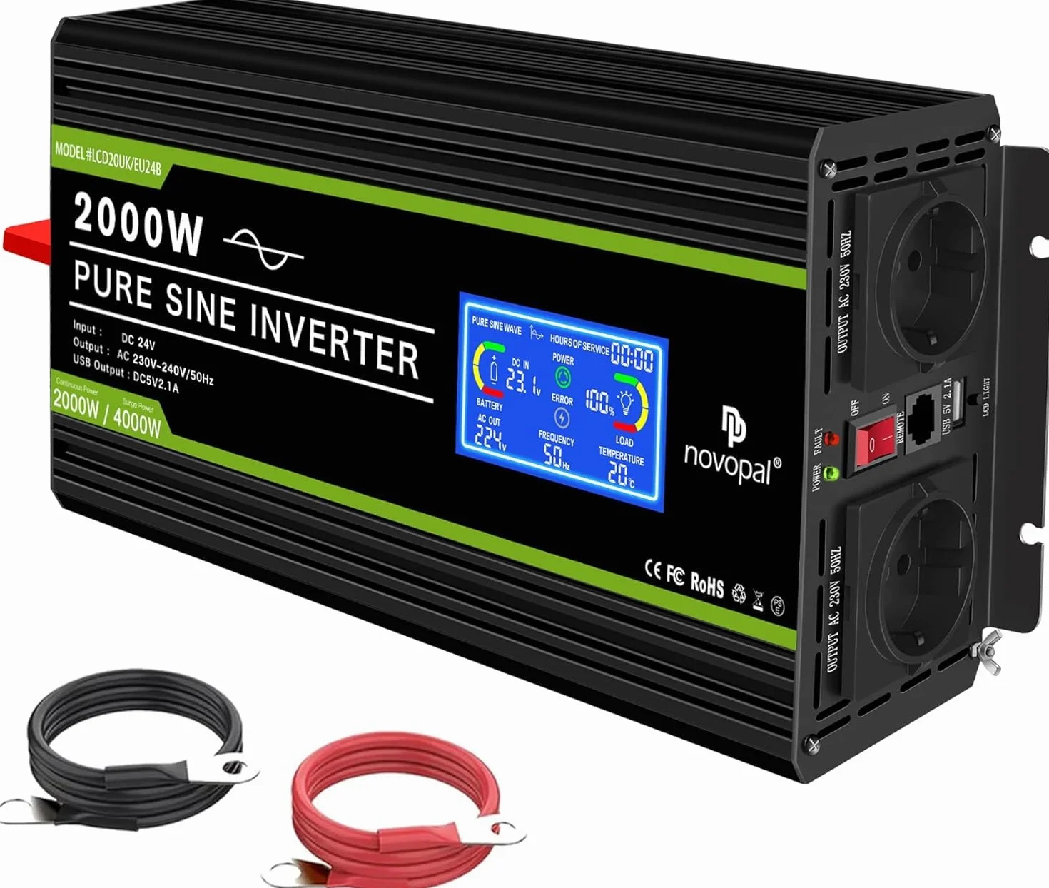 NOVOPAL Przetwornica napięcia, 2000 W, 24 V, 230 V, czysty sinus z wyświetlaczem LCD i przyłączem USB, 2 gniazda AC z wyjściem USB i pilotem zdalnego sterowania 5 m
