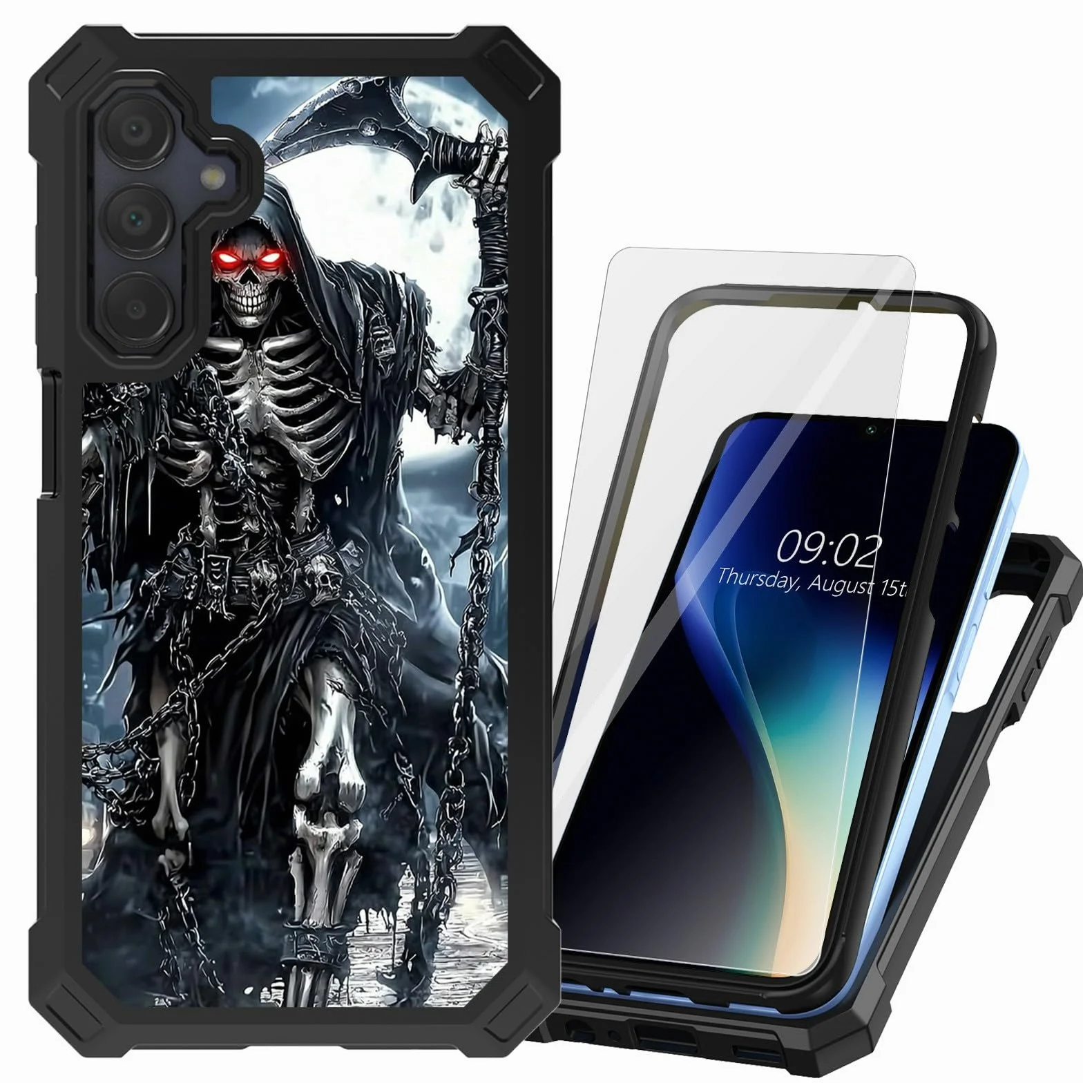 Etui do Samsung Galaxy A15 5G z osłoną ekranu ze szkła hartowanego, wytrzymałe, dwuwarstwowe, hybrydowe, ponure czaszki, żniwiarz, odporne na wstrząsy, ochronne etui na telefon Samsung Galaxy