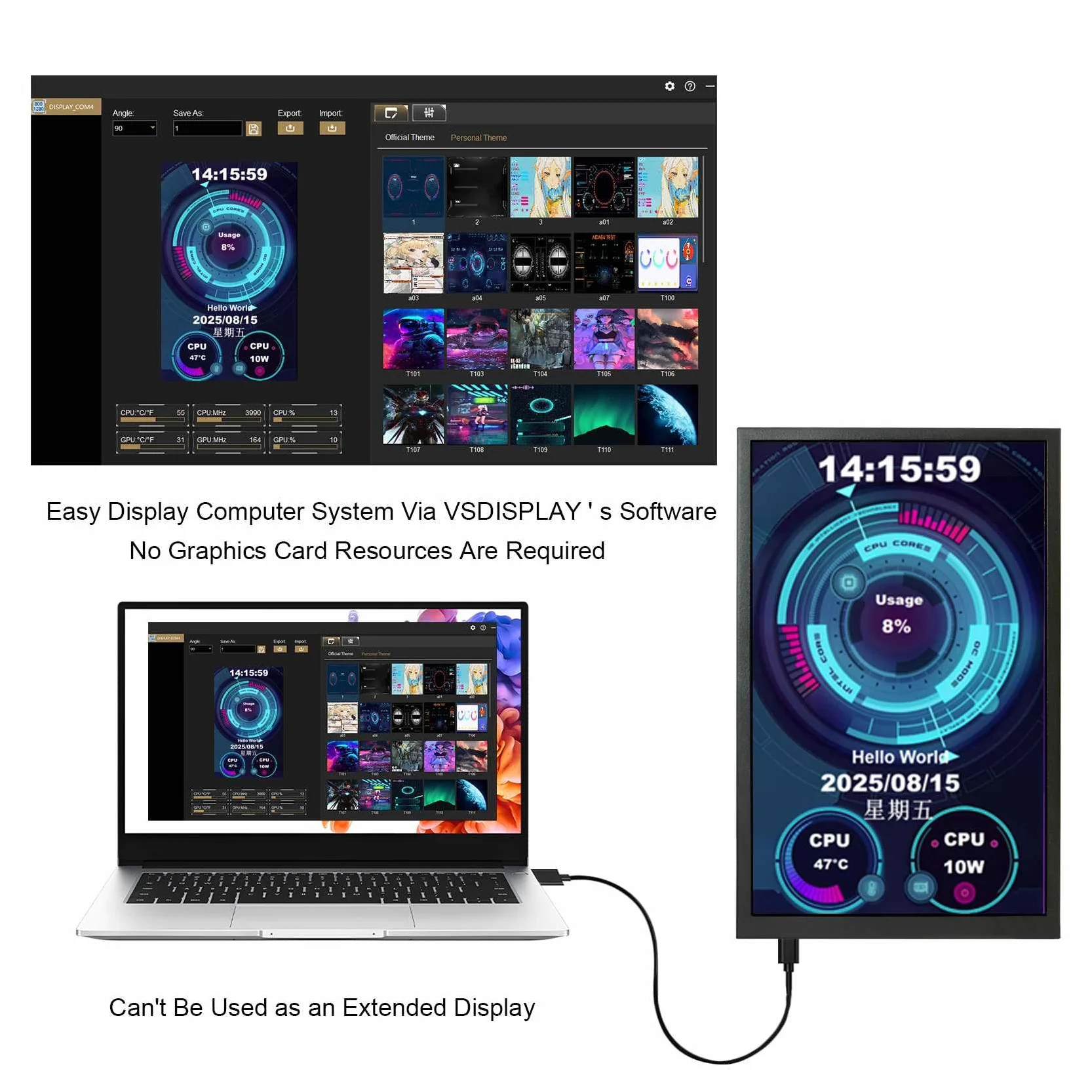 VSDISPLAY Przenośny czarny 8-calowy ekran temperatury komputera IPS | 1280x800, do PC CPU RAM HDD Data