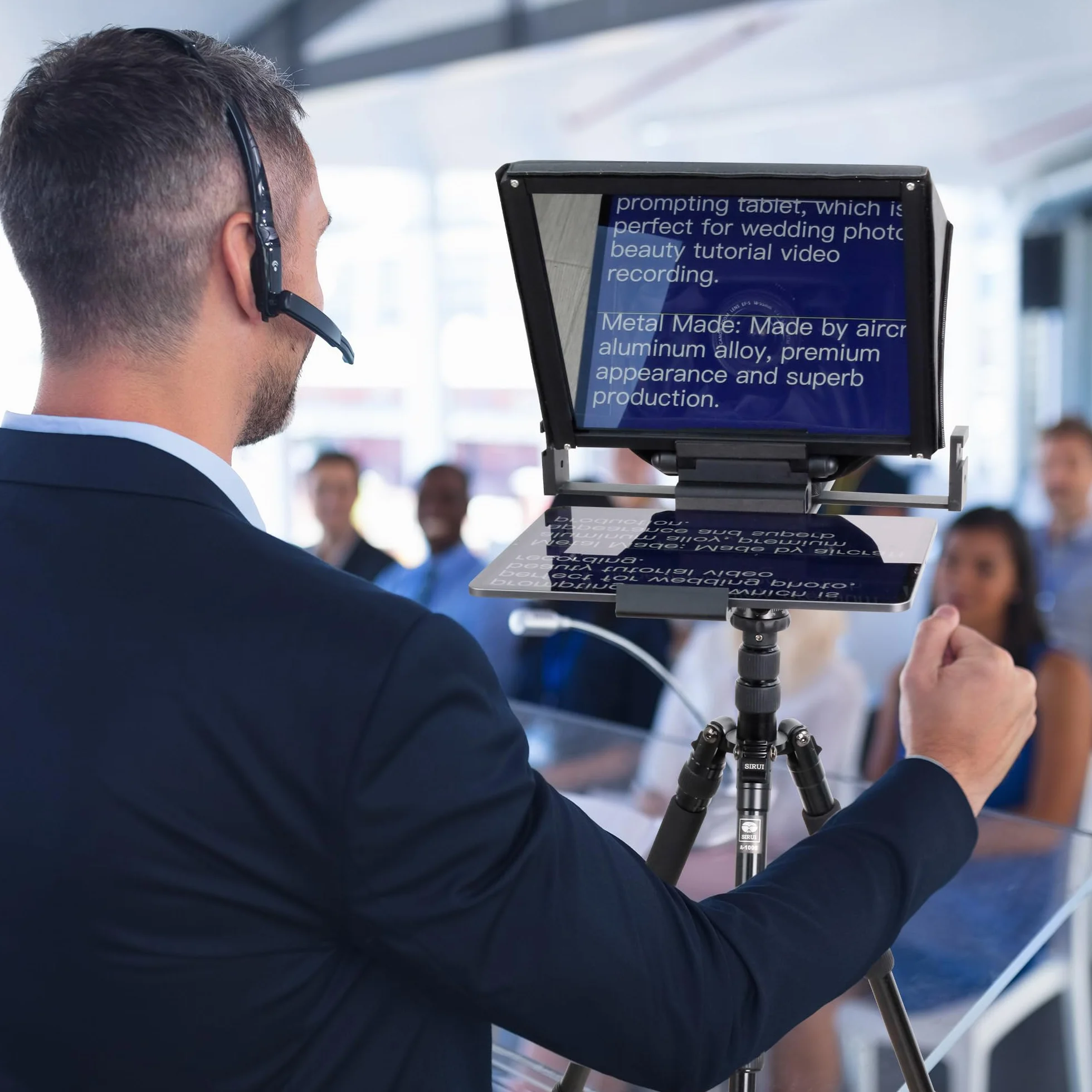 Teleprompter 16", z pilotem zdalnego sterowania i aplikacją Prompter, szkło spektroskopowe 70/30, aluminiowa rama, nadaje się do krótkich filmów i przemówień