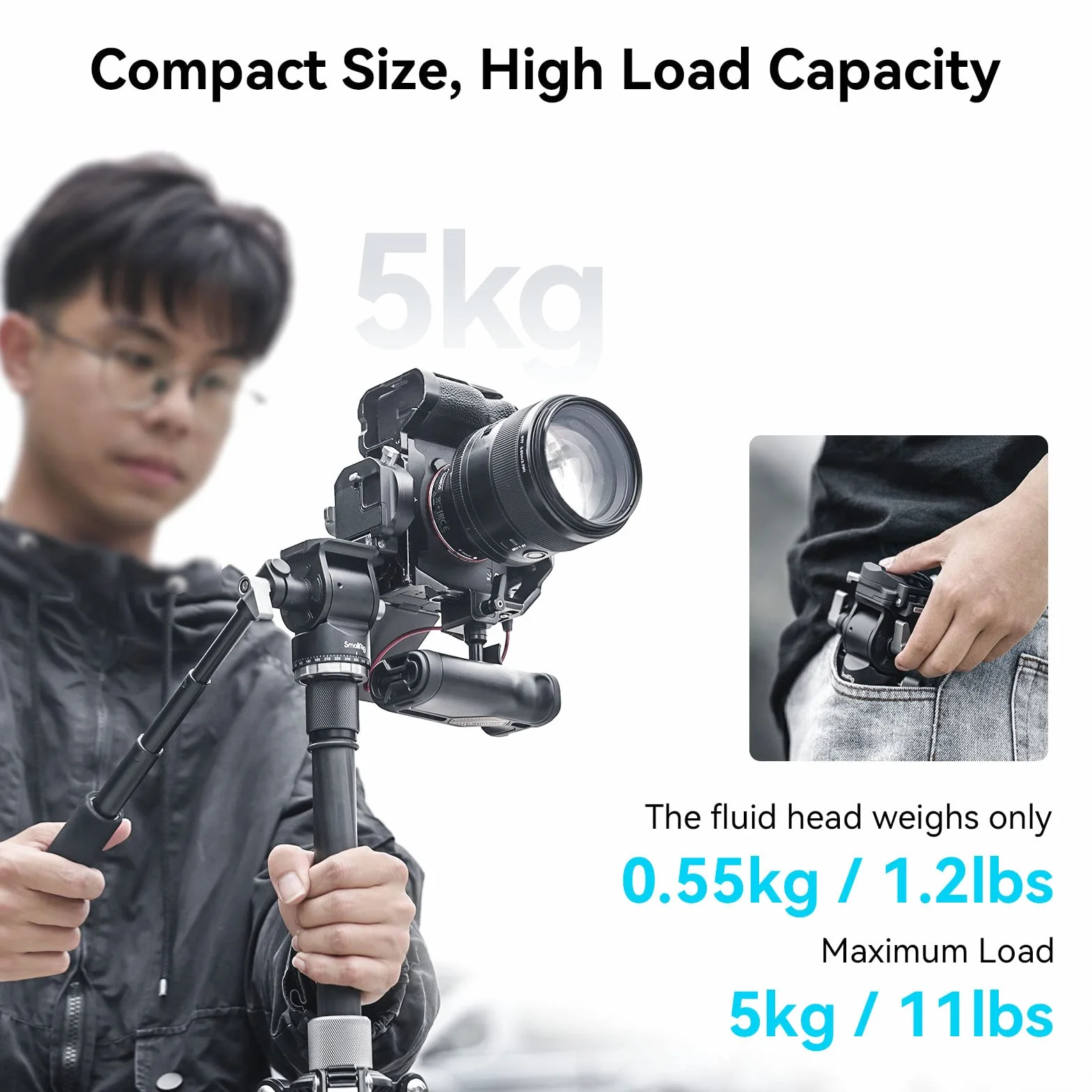 SMALLRIG G?owica wideo do fotografowania w pionie/poziomie, g?owica statywu z pochylan? g?owic? z teleskopowym uchwytem, maksymalne obci??enie 5kg / 11 funt w dla kamery - 4104