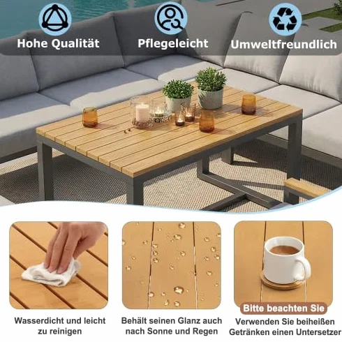 vutizal 8-osobowa modułowa sofa w kształcie litery L z 10 cm tapicerką, zestaw mebli ogrodowych na zewnątrz, meble tarasowe i balkonowe, ławka narożna, ręcznie tkana wiklina i stół WPC, płasko