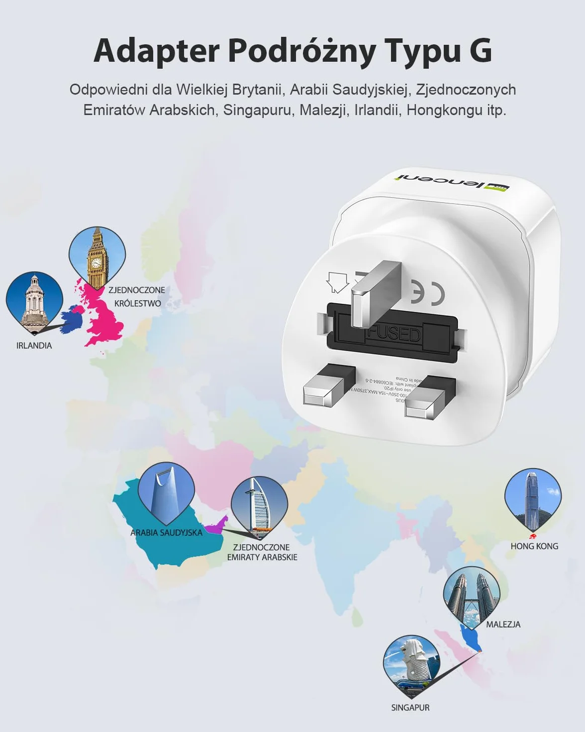 LENCENT 2 sztuki Adapter Podróżny Poland do UK Wtyczka, Typu-G Wtyczka Podróżna Adapter 2-pinowy do 3-pinowy, AC Schuko Adapter do Wielka Brytania, Irlandia, Dubaj, Malezja, Singapur ładowarka ścienna