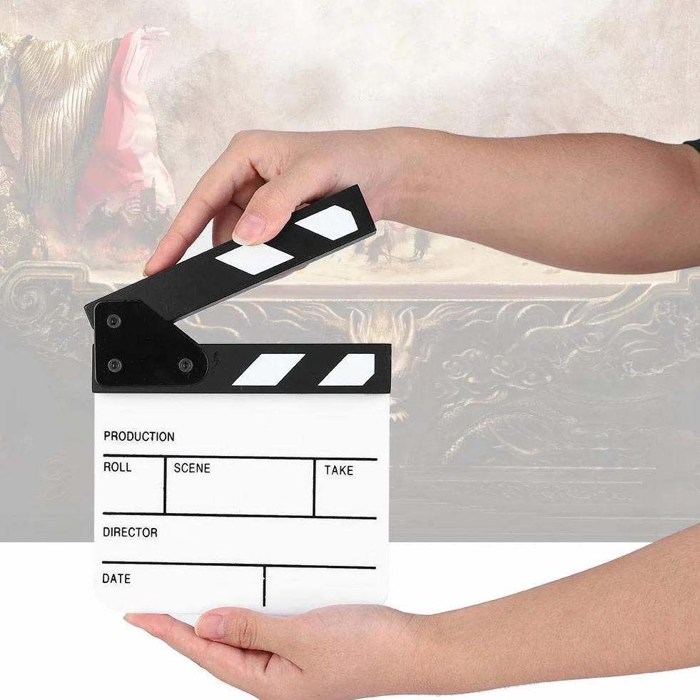 Qiilu Tablica do klaśnięć, mini akrylowa scena reżyserska Clapperboard TV film płyta akcji, rekwizyt do wycinania filmów z długopisem (PAV1BWE3S)
